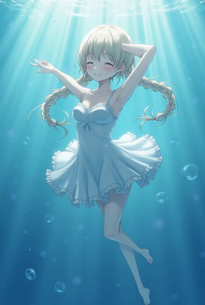 Jellyfish hat, jellyfish ?????? seal, bikini and jellyfish fusion, active pose, natural luminescence, night sea, pigtails, small breasts, lower breasts, female brat, thick eyebrows, thin waist, beautiful blonde, braid, (masterpiece), ((highest quality)), (super detailed), girl, (beautiful eyes)), beautiful detailed eyes, clean and detailed face, five fingers, textile shading, perfect ???????,