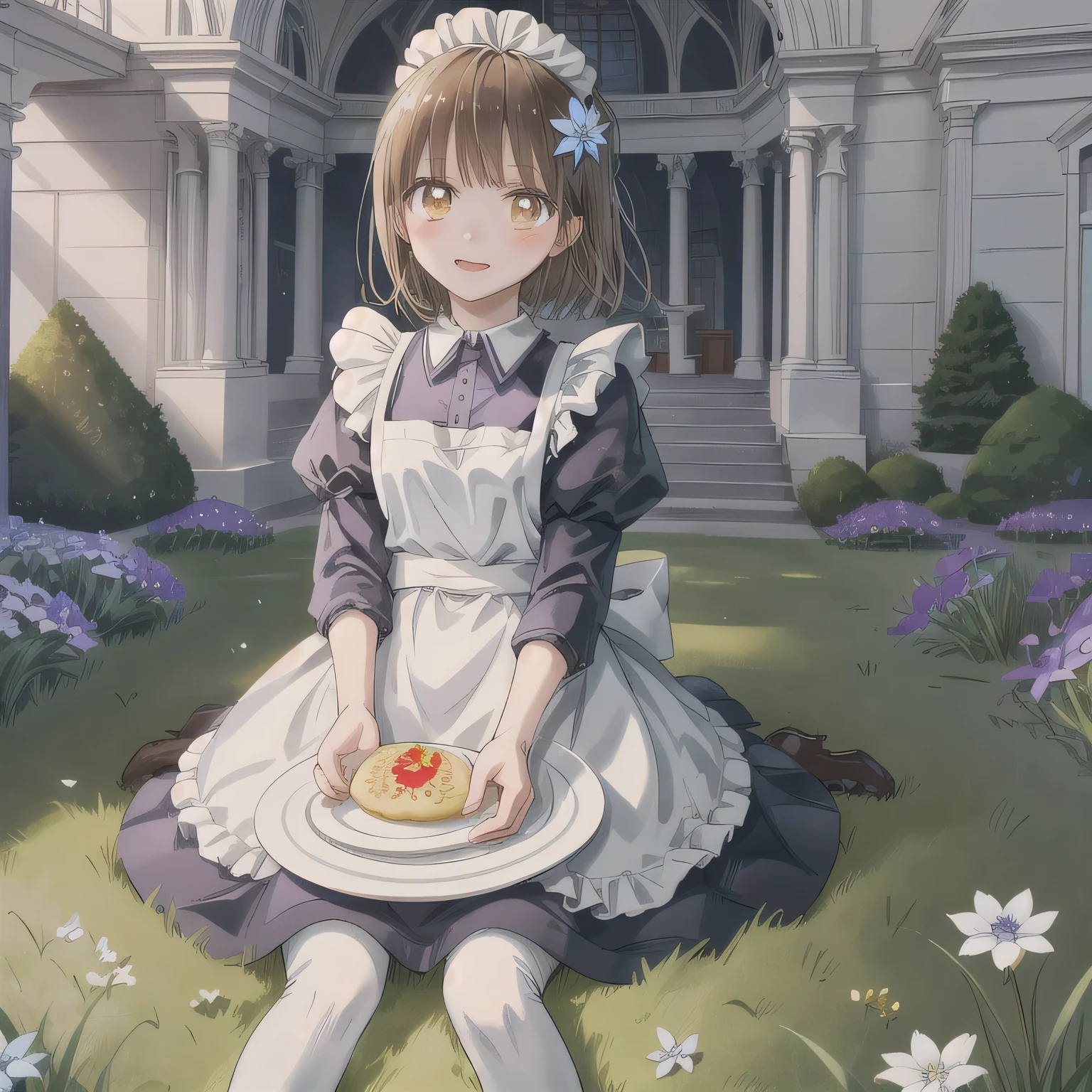 A cute anime-style maid with brown Medium Hair and brown eyes, wearing a fluffy white and lavender maid dress. She has a hair ornament resembling purple flowers. In her right hand, she holds a white plate with omurice. In her left hand, she holds a silver cloche (food dome lid). The background is a green grassy field with blooming spring starflowers (Ipheion, white with a hint of purple). Several white plates and forks are scattered artistically around her on the ground. The scene is bright, dreamy, and magical with soft lighting and a warm, cheerful atmosphere.