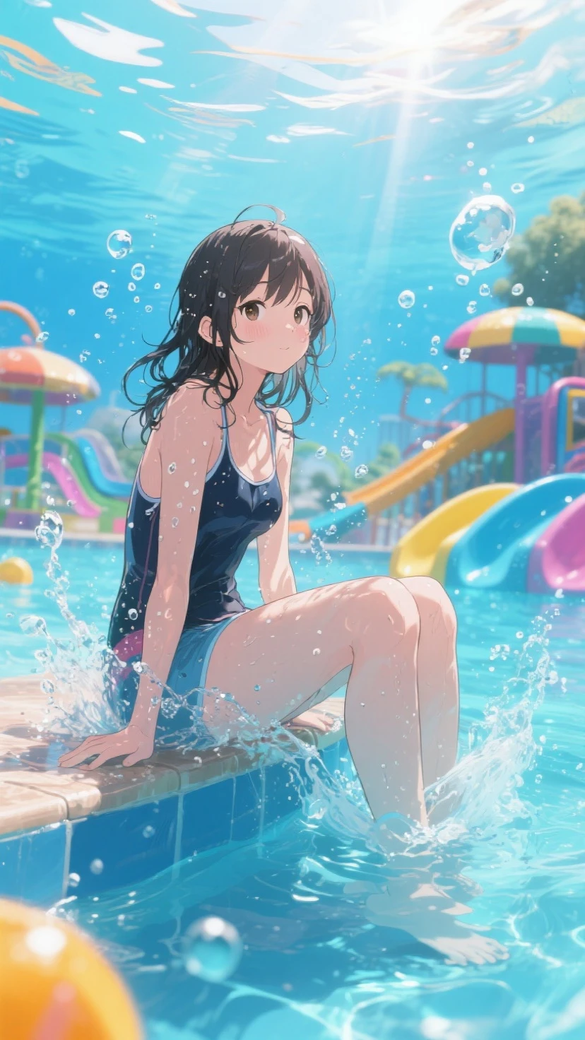 ((Masterpiece)), ((Best Quality)), (Very Detailed), ((Very Detailed)), 4K, (8K), very aesthetic, absurdres highres, Multiple men and women playing energetically in the pool. They are having a party by the pool. They are wearing swimsuits and are jumping into the pool and swimming. The sky is blue and the sun is shining, deck chairs and umbrellas line the poolside. The participants are smiling, splashing and playing, and green trees and flowers can be seen in the background. The sunlight reflects on the water surface, creating a lively scene overall.