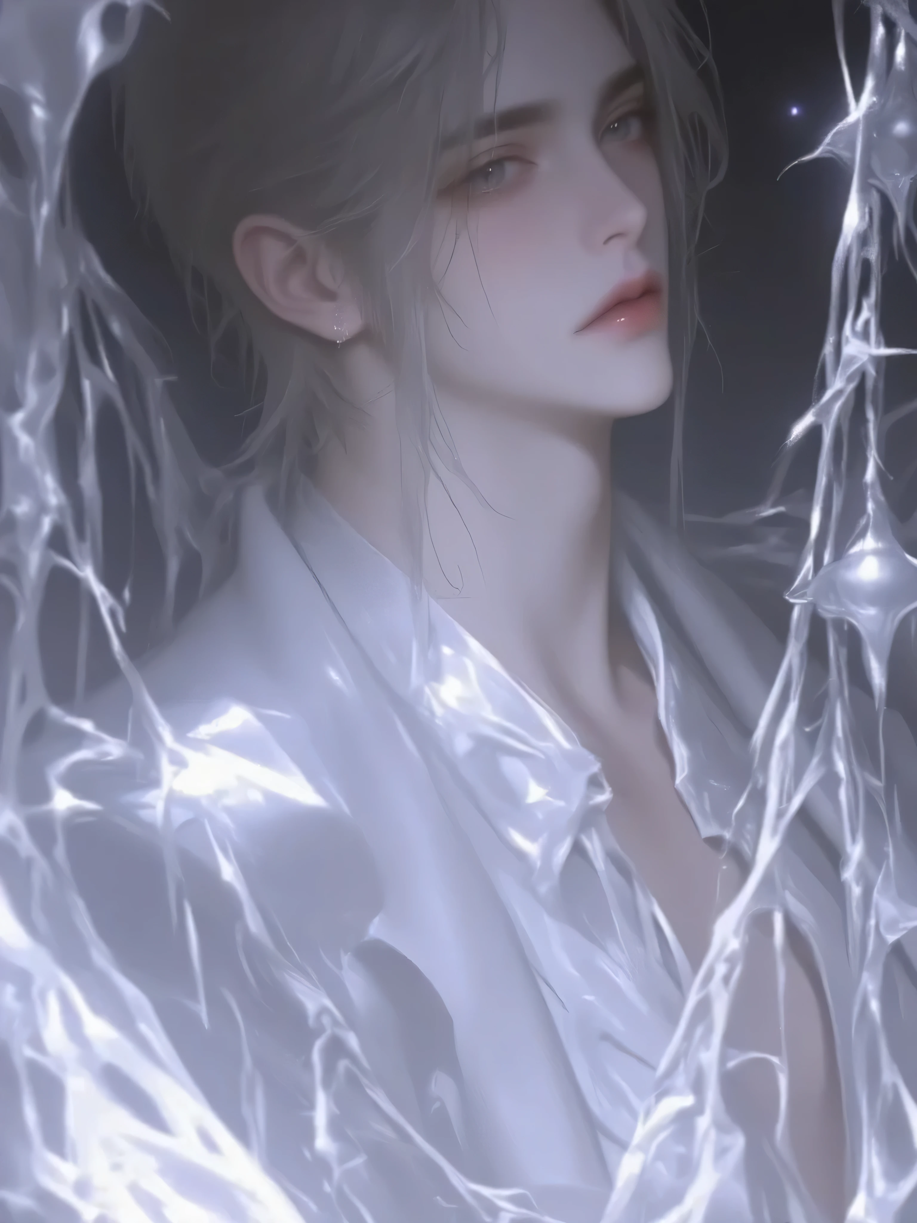 a handsome man with long hair antique black hair,a handsome man with long hair, an ancient brunette in a fairy-looking white Hanfu, traditional Chinese clothing , Double eyelids,Japanese Manga Style,The throat is obvious