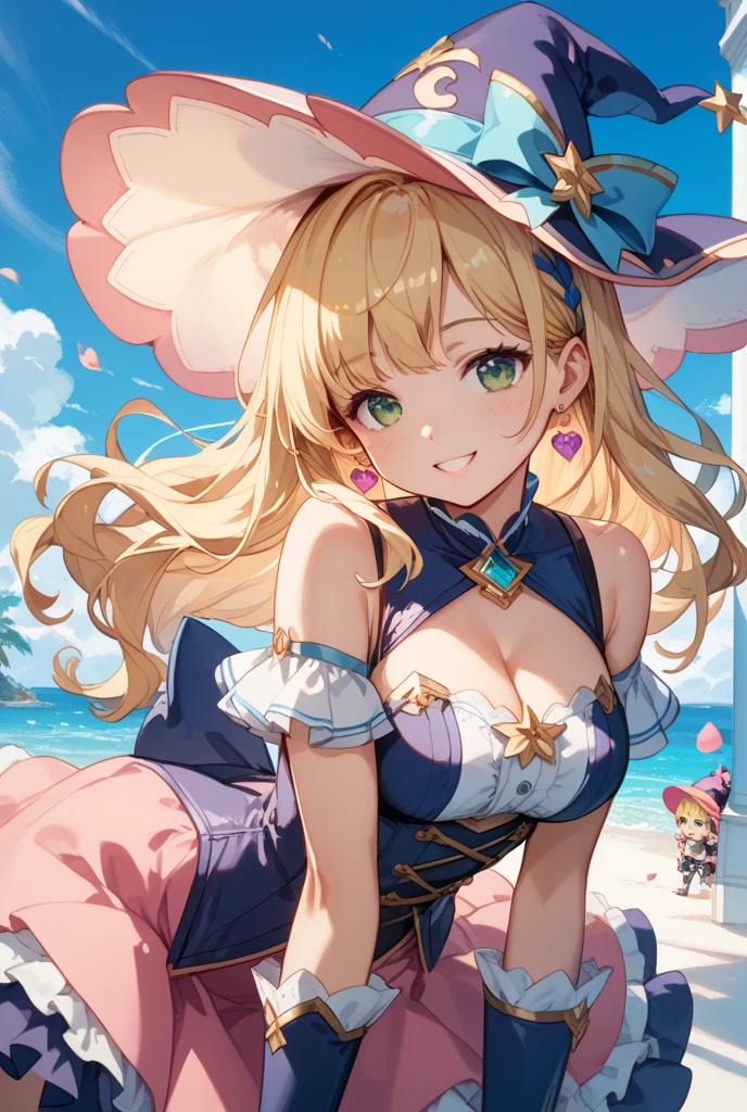 (1girl),(1solo),saren princess connect!,long blonde hair,wavy curly hair,blue eyes,medium breasts,smile,tareme,black ribbon ornaments,light cyan bikini,stand up,on beach, Only the upper body and head can be seen, frilled dress,