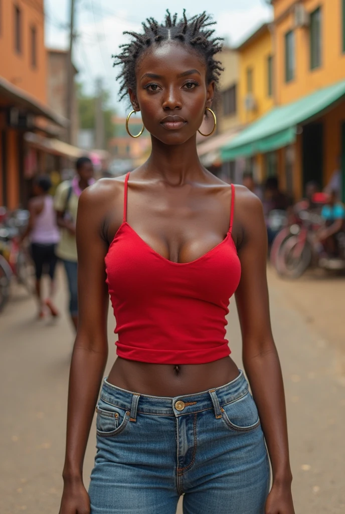 (award winning nude photography) A 21 year old ((skinny jamaican)) , music chanel presenter, defined jawline, nerdy, mouth slightly open, short edgy bob haircut , stylish urban clothing photographed by famous photographer