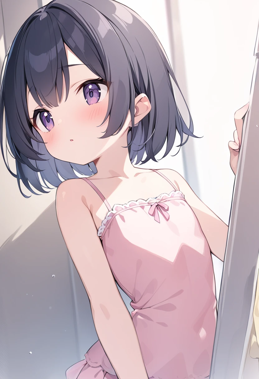 One girl、Standing on a wooden stage、Taking off a white shirt、Light blue bra、Wearing a dark blue skirt、Dark pink hair、Blushing a little、blue eyes、looking at the camera、Bob Hair
