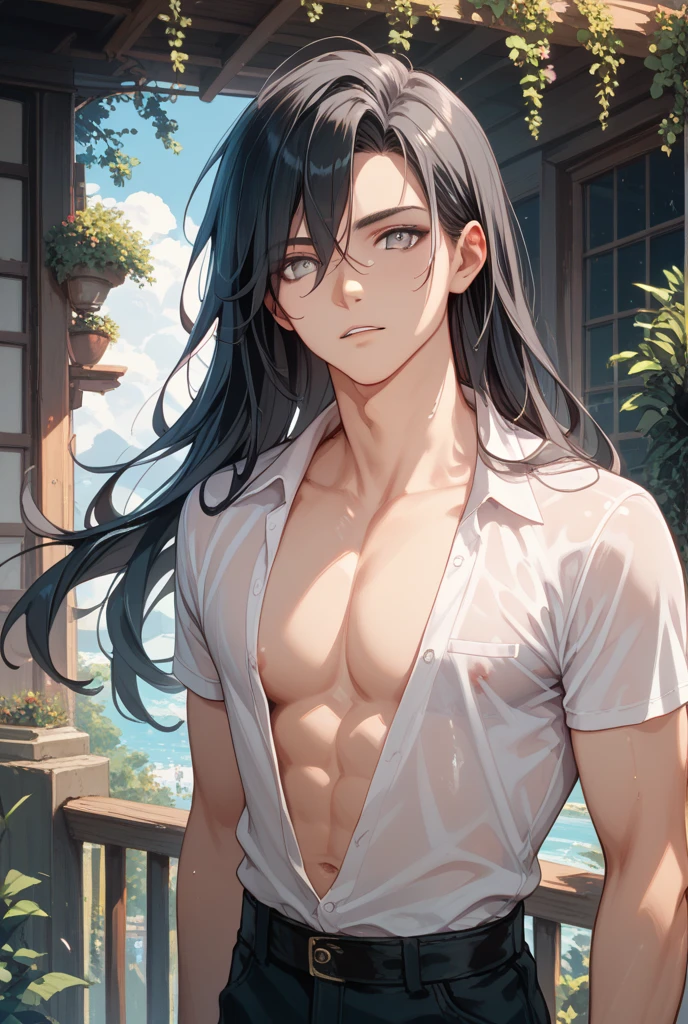 Man, blue eyes, loose loungewear, hair down, upper body, portrait