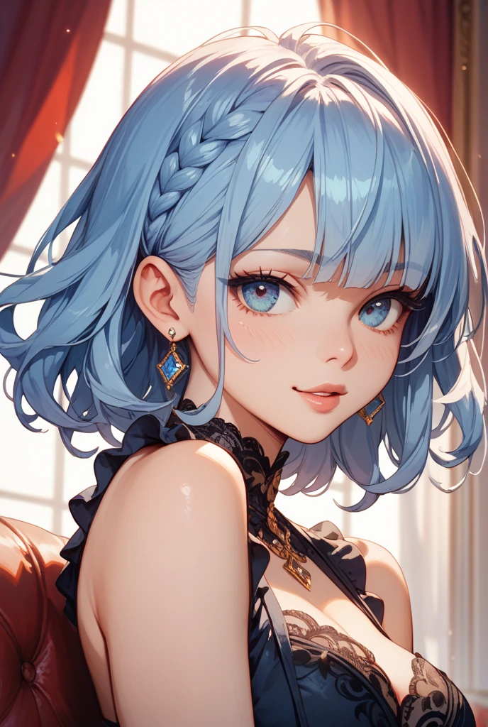 (masterpiece, best quality), 1girl, Cornflower blue Messy Side Swept Hair with Taper Fade, Size H breasts, <lora:Cute_faces:0.8> cute face, cute faces,, sweet face,, cute, face, girl face, cute girl face, girl,