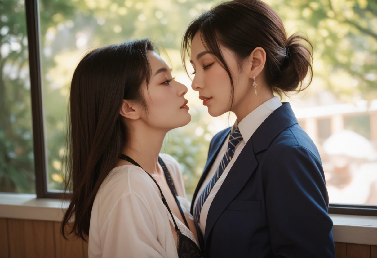 (Highest quality, 4K, 8k, High resolution, masterpiece:1.2), Very detailed, (Realistic, photoRealistic, photo-Realistic:1.37)、2girls,hugging and kissing,