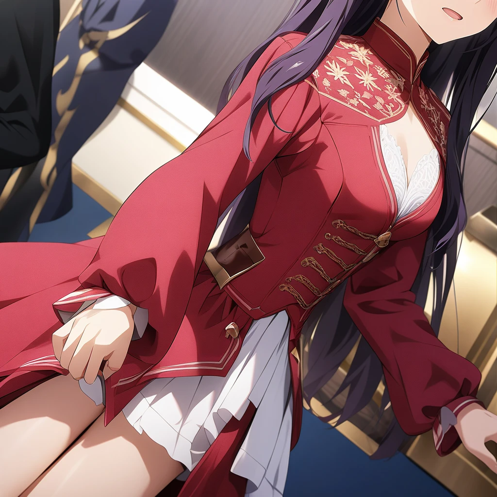 ((best quality)), ((masterpiece)), (detailed), (high resolution), perfect face, 1 Women, (violet slit eyes:1.3), (long black hair), Straight across bangs, (grown-up face:1.4), parted lips, medium breasts, bikini, lower body, (Two old men and a woman three some sex:1.4), (leaning forward:1.3), Stimulating, (anime coloring:1.1), (high angle:1.5), (Two old men:1.4), Stimulating, (man touch buttocks:1.4), (Yamashiro Ren), Mato Seihei no Slave, motion lines, motion blur, bouncing breasts , blunt bangs, hair ornament, add more details, military uniform, epaulettes, leashed pov , white gloves, looking at viewer, red cape, black pantyhose, long hair hair over one eye, masterpiece, hair ribbon, soles,