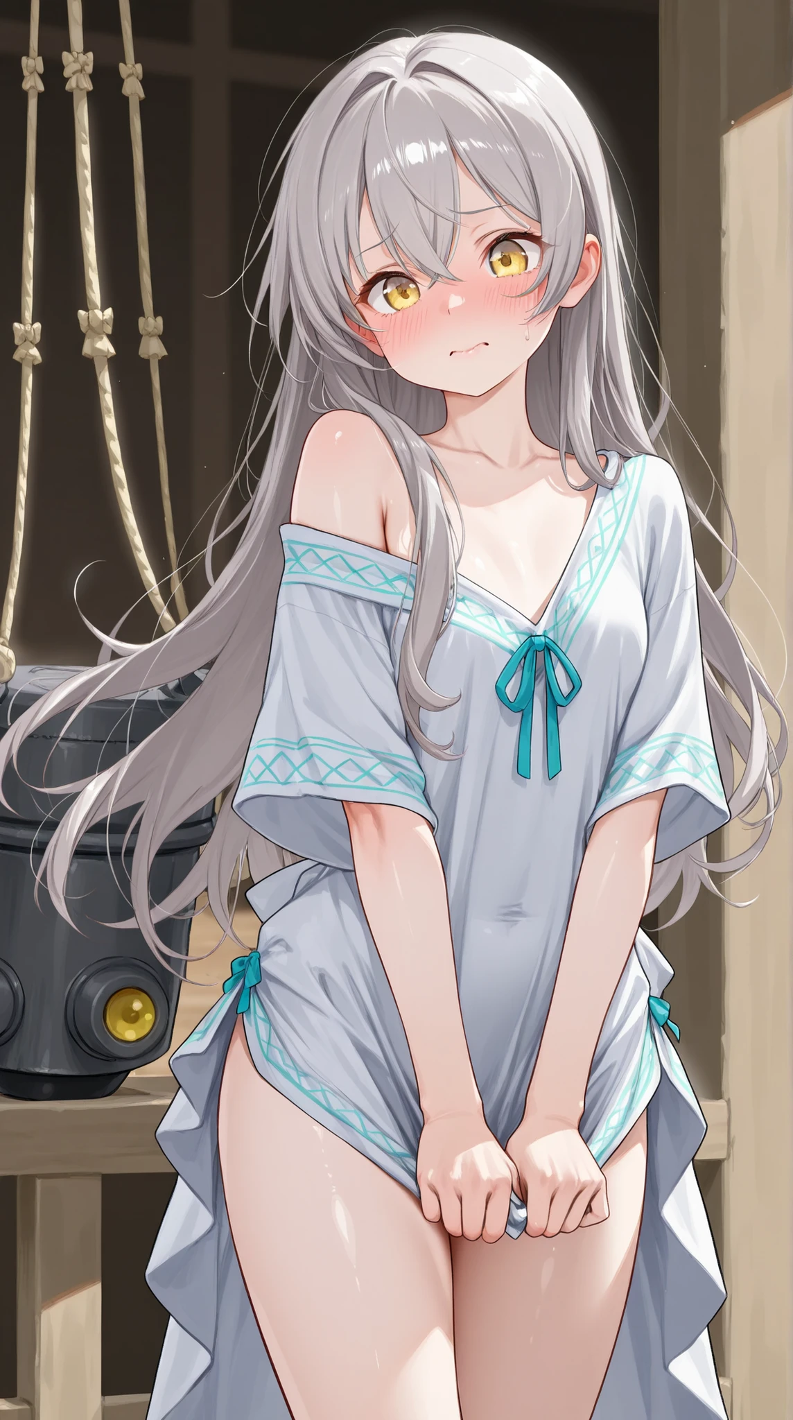 8K (high definition) (Super Detail) (masterpiece) (Highest Quality) detailed eyes detailed face detailed hands Delicate hair detailed wrinkles on clothes very elaborate body with raised palm fine skin (solo) early yellow eyes (Grey Hair) long hair head holding a cannon ( small ) flushed cheeks embarrassed expression witch costume Fong Tien Ji composition from an oblique bottom shrine see here