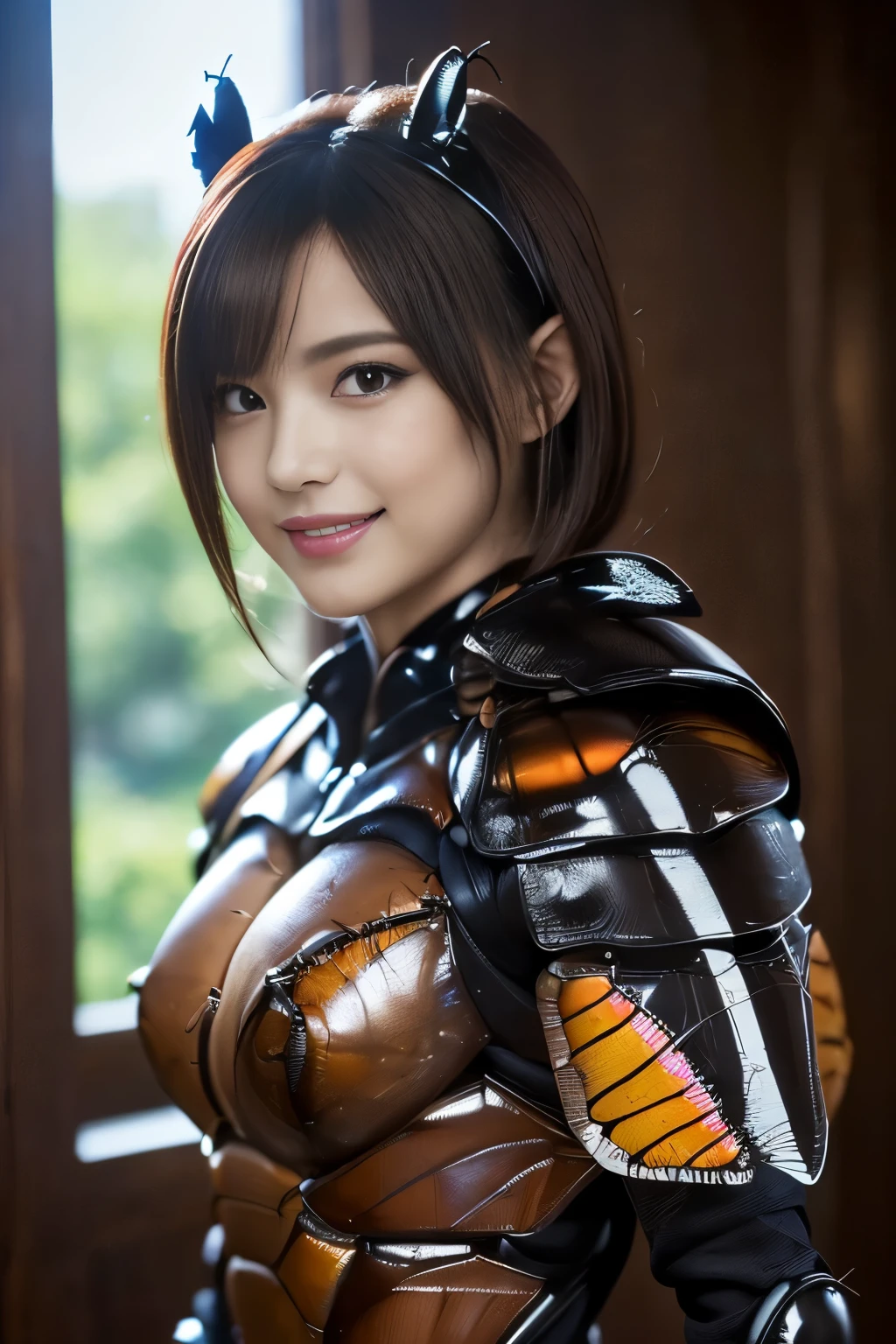 (High resolution,masterpiece,highest quality,Very detailed CG, anime, official art:1.4), realistic, photograph, amazing detail, all complicated, luster and luster,great many layers, 8k wallpaper, 3D, sketch, cute, figure,( alone:1.4), perfect female proportions,villain's daughter, (Fusion of dark brown cockroach and lady:1.4), (brown cockroach form lady:1.2), (brown cockroach woman:1.2), (Fusion:1.2), (alone:1.4), (evil smile:1.2), muscular, abs, (Cockroach brown exoskeleton bio insect suit:1.4), (Cockroach brown exoskeleton bio insect armor:1.2), (brown transparent cockroach feathers:1.4), (brown cockroach antenna:1.3),