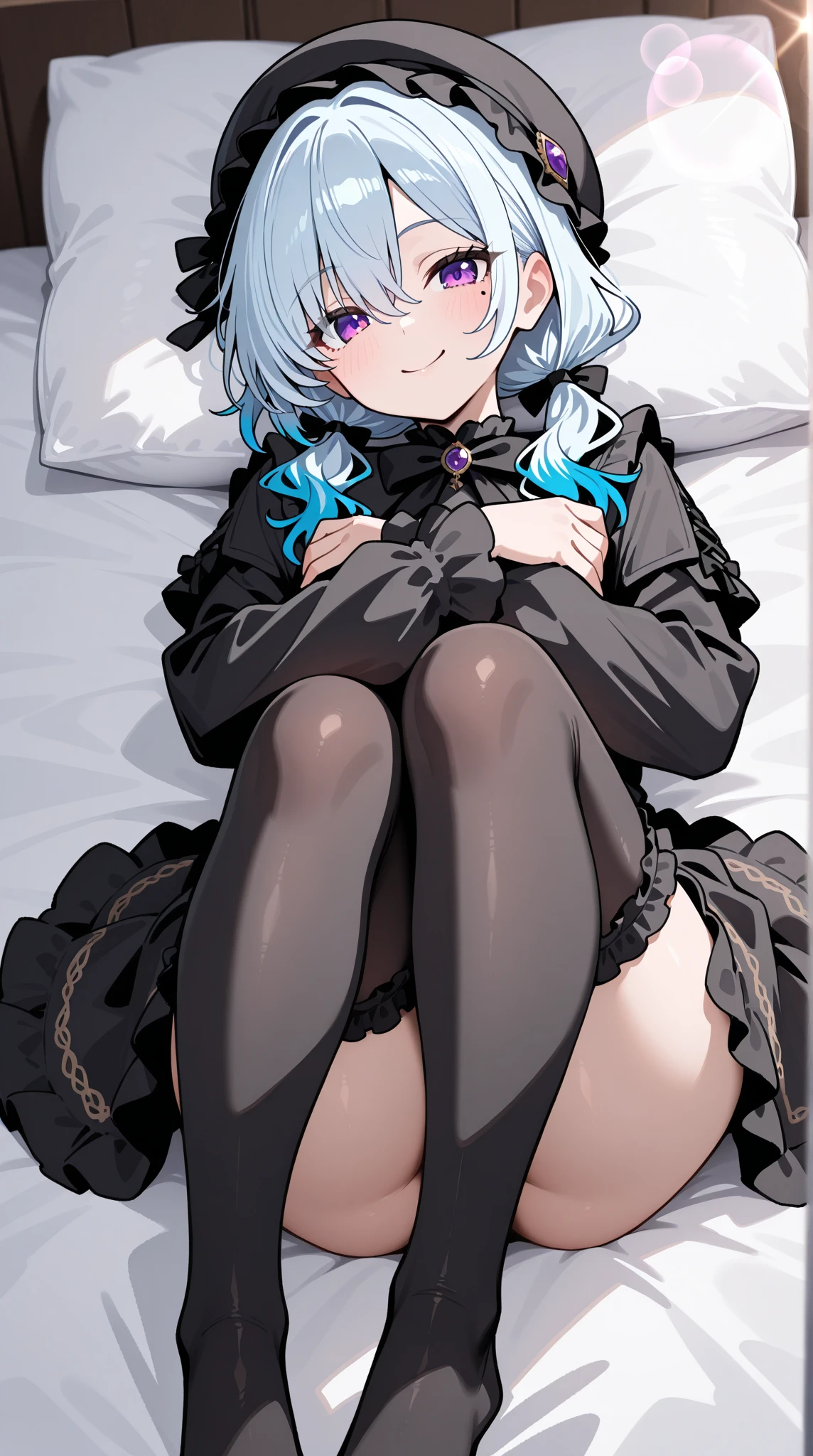 (masterpiece, best quality;1.3), ultra detailed, Looking at viewer, castle, lying on bed,smile, rem_re_zero, blue hair, short hair, maid uniform, hair ornament, cleavage, maid headdress, detached sleeves, ribbon