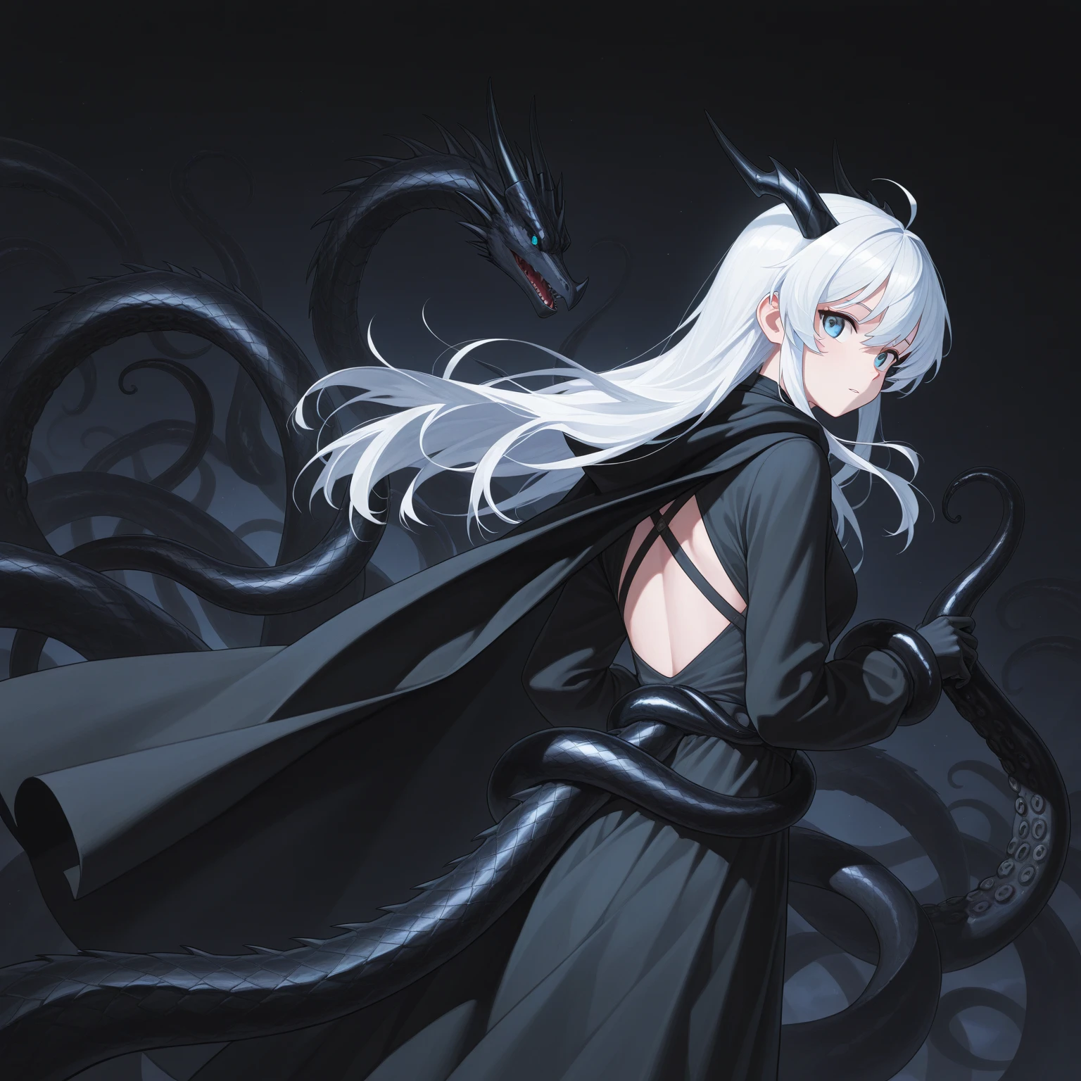 (in style of Santiago Caruso:1.1),1 Girl,Black sailor suit pleated skirt,(((Blurred foreground))),orchid,White long hair blowing in the wind,(((Background blur))),Red sphere background,Standing,Japanese sword,握着Japanese sword,(眼睛被orchid盖住),(((A transparent bioluminescent bone snake wrapped around the body)))