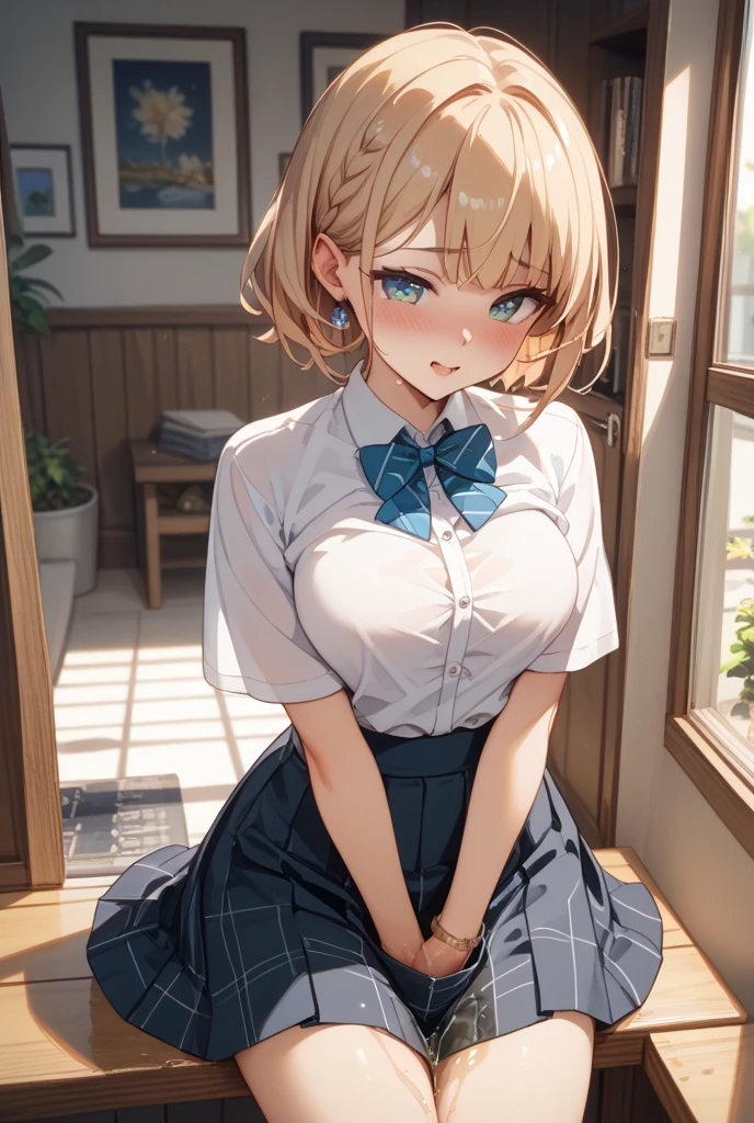 1girl, Table hump, rubbing the perineum, white  shirt, pencil skirt, office, white panty, skirt lift, strap, a table, elevation, multiple boys,A thought-provoking liquid,, Masterpiece, Best Quality, Highly detailed