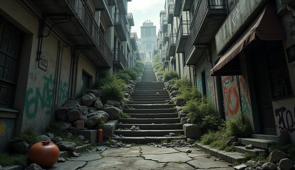 Stairs, rooftops, dirty streets.