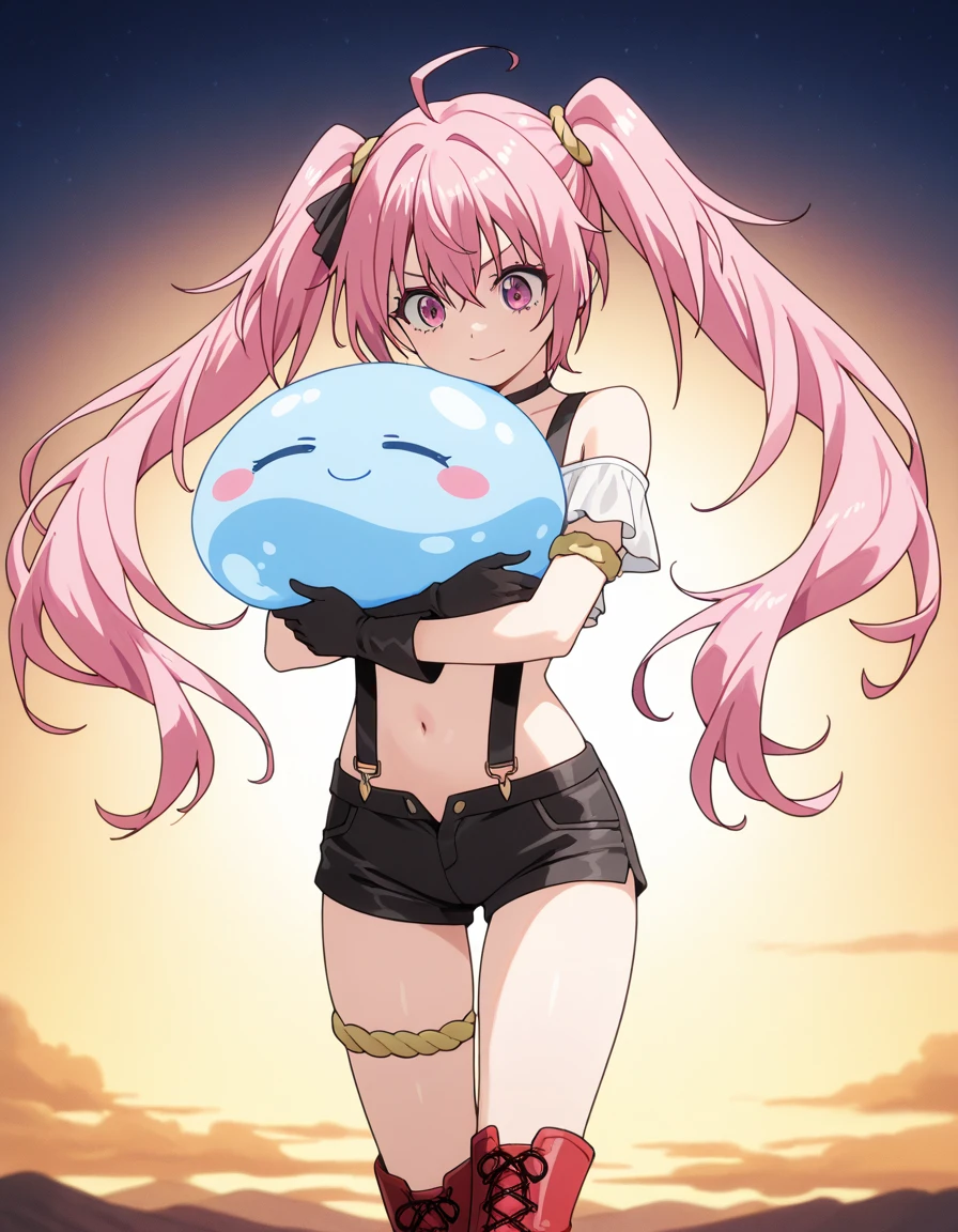masterpiece, milim nava, tensei shitara slime datta ken, solo, :d, big smile, fang, sidelocks, pink hair, long hair, navel, asymmetrical legwear, bangs, best quality, outdoor, [focus]
