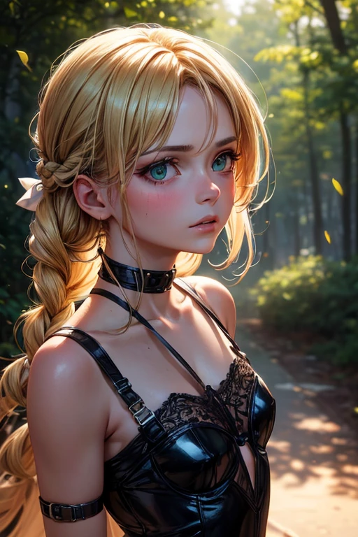 Masterpiece, solo, high detail, super detail, super high res, (photorealistic: 1.333), (highest quality), (best shadow), detailed, perfect lighting, shinny blonde hair, thin, missy hair, nice hips, portrait, in nature, black underwear with garter belt, , anime style, crouching, medium breasted, tees, Bending forward, leaning forward, blushing Troubled face,