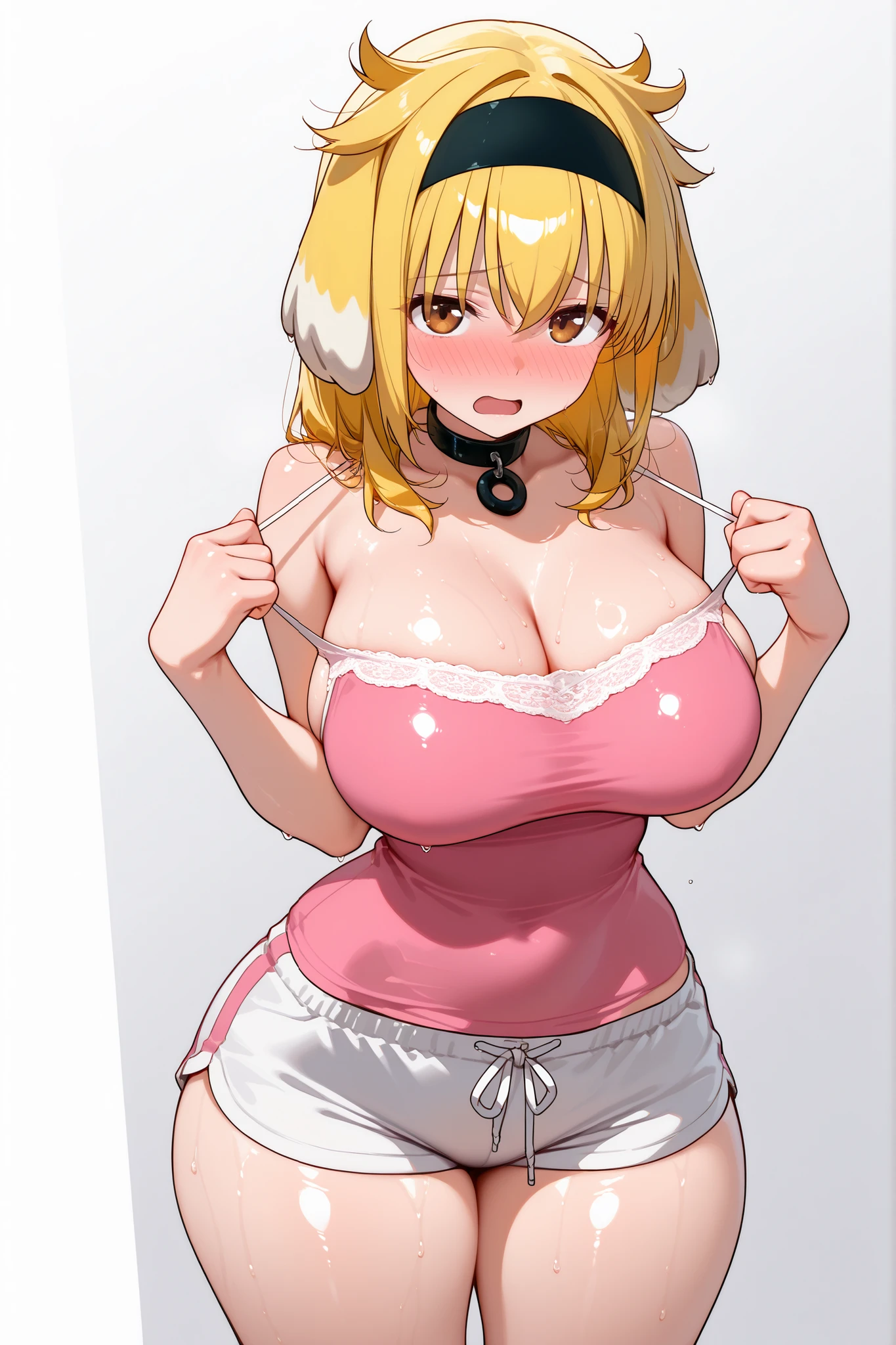 ((anime)), ((sandy blonde hair)), hairstyle, ((shiny skin)), ((really long hair)), long hair, ((ahoge)), ((bangs)), ((pink hibiscus flower in hair)), (((((tan skin))))), huge breasts ((yellow eyes)), wide eyes, pretty eyes, ((sparkly eyes)), cleavage, huge breasts, thick thighs, thick lips, wide hips, ((curvy)), ((thin waist)), ((small waist)), ((toned stomach)), ((micro pink skirt)), (cameltoe) lace, super detailed, ((dynamic)), ((gyaru)), ((pink)), ((sexy face)), ((thick lips)), ((pouty lips)), ((glossy pink lips)) ((seductive)), smug, sexy mouth, ((soft face)) ((bare shoulders)), pink room, luxury room setting (opening door), sexy smile, sexy face, inviting, licking lips