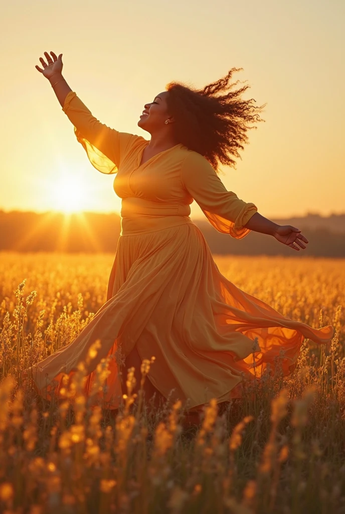 Create a real photograph, of a full-bodied woman, in a green dress with sleeves, covering her breasts, with arms up, celebrating your success, very cheerful, happy in life