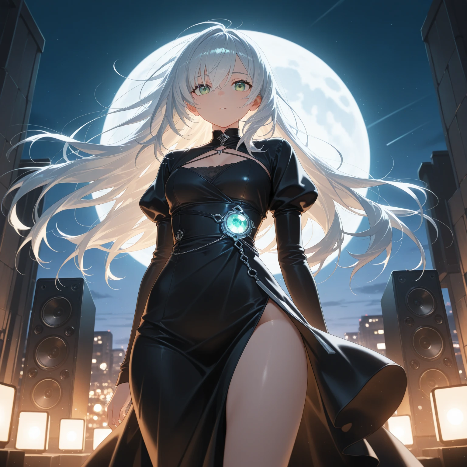 Mysterious young woman, mid-twenties, looking at the night sky, long flowing silver hair shining like stars, big deep blue eyes reflecting the night sky and city lights, slim, tall, bright Elegant costume in dark tones with elements, night cityscape, soft ambient light, musical notes and light particles floating from hands, calm and thoughtful expressions, modern city skyline with skyscrapers and twinkling lights in the background at night, Anime style, dream-like lighting, full moon in the sky, highly detailed, 8K resolution, cinematic lighting
