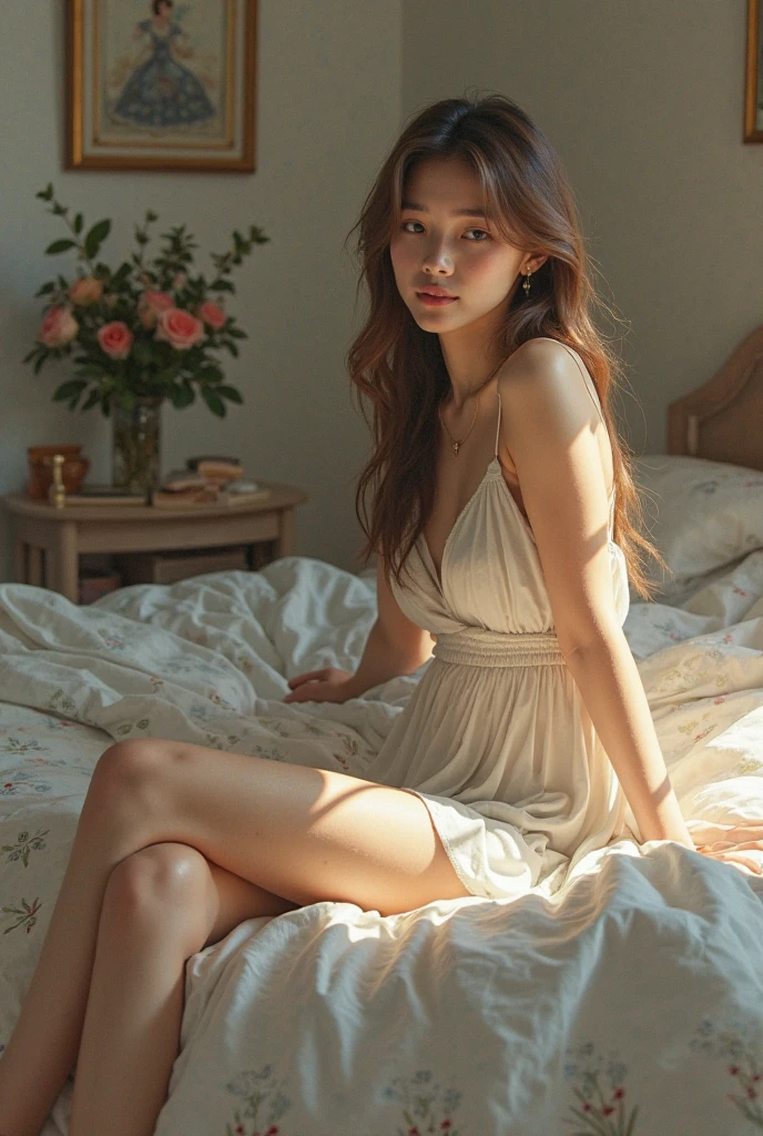 girl sitting on the floor, Shiny brown hair, beautiful detailed eyes, Serene smile, peaceful expression, Delicate facial features, Cross-legged pose, surrounded by pillows and cushions, soft ambient lighting, Cozy atmosphere, unique patterned carpet, intricate details on the carpet,Boho-chic style, bright colors, a book, lying next to her, Floral Print Dress, natural sunlight, flowing through the window, vintage room decor, wooden floor, a small plant in a pot in the corner, a cup of steaming tea on a bedside table, A light breeze sways the curtains, art painting on the wall, peaceful and contemplative mood, high resolution painting with rich textures and brush strokes, Atmospheric lighting, A magical and dreamy atmosphere.