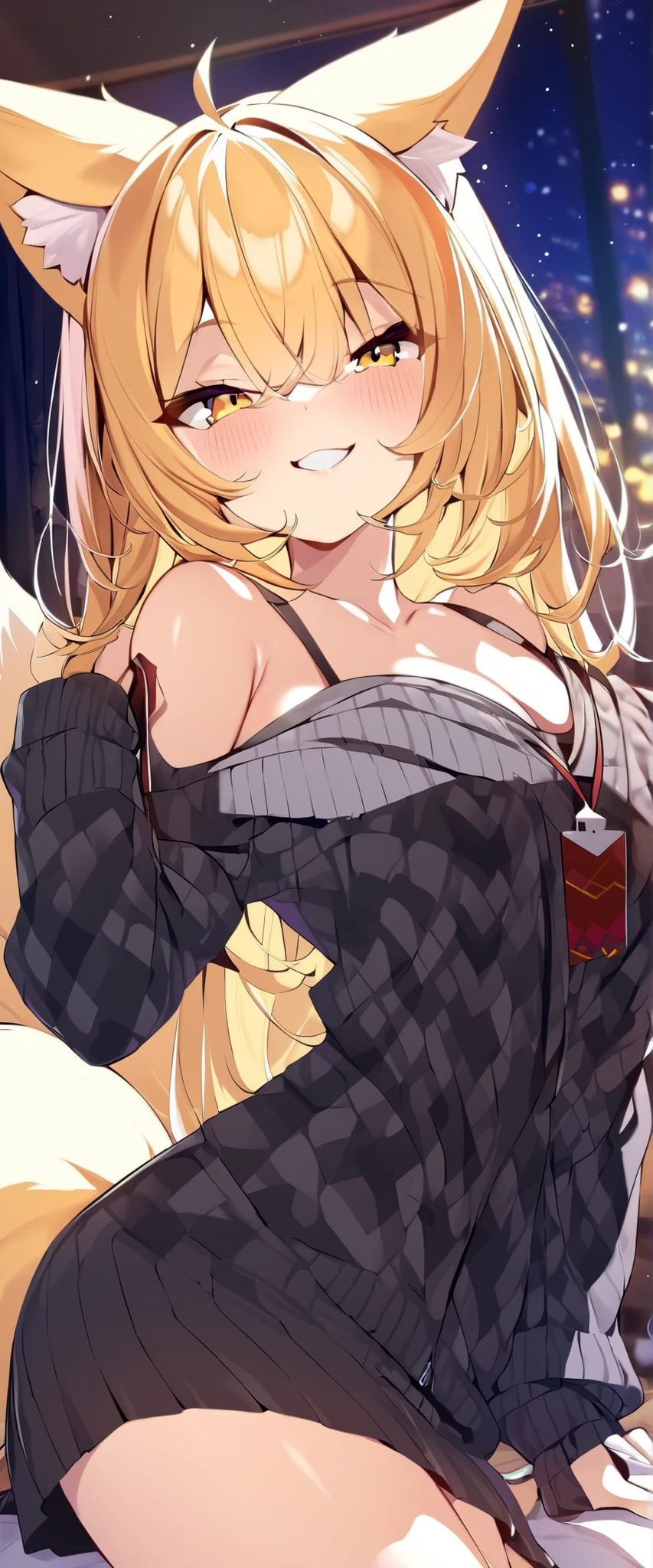 one girl with arms, fox ears,fox tail,yellow long hair,cute,masterpiece,Highest Quality,best smiles,