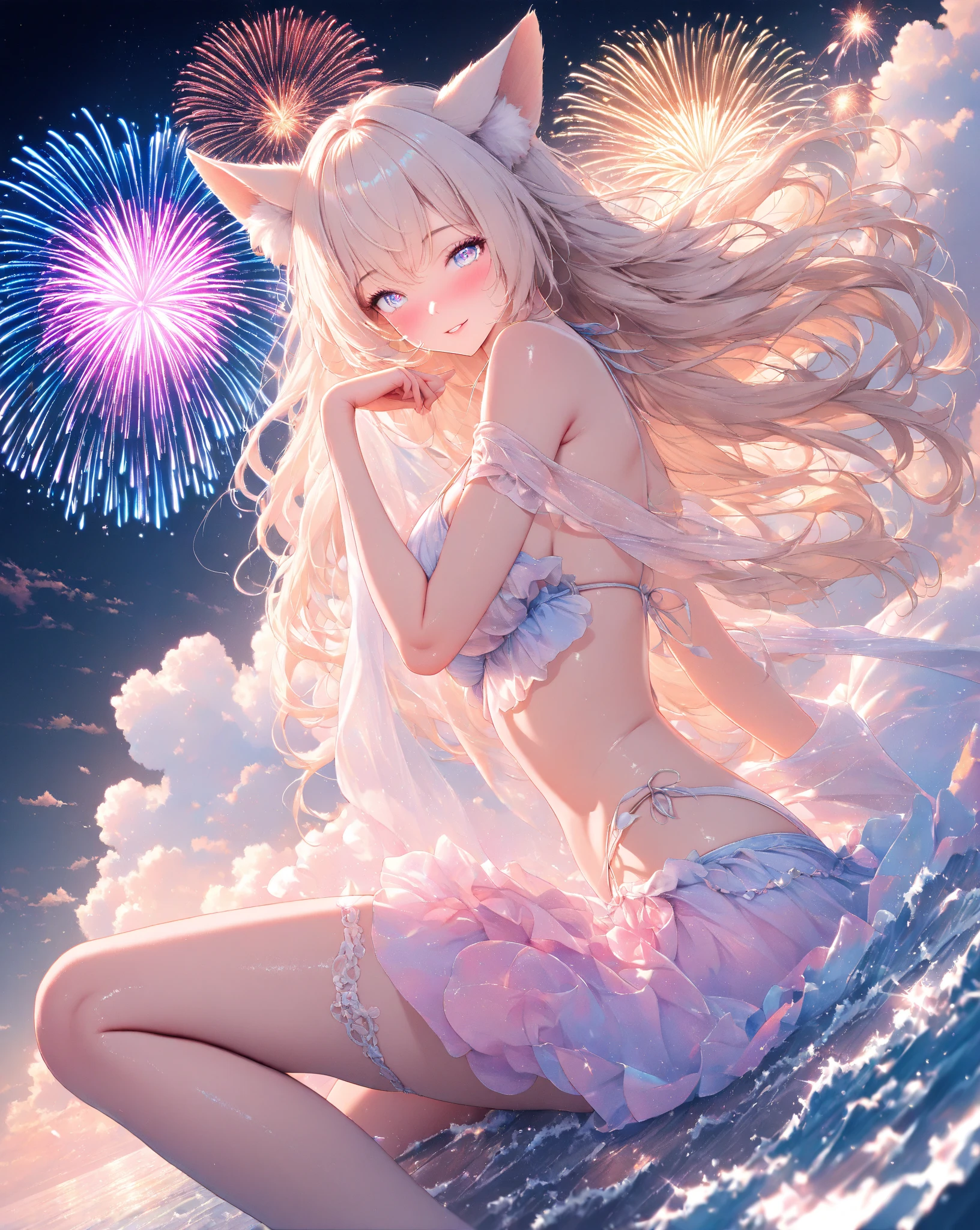 long hair, 1 girl, naked, wet pussy, white hair, blue eyes, chibi, sitting, clenches her knees, tail anal plug, cat's ears, tail, pussy is visible, rain, masturbation, girl is fingering her pussy, colored fireworks, colored fires in the sky, night, empty cobbled embankment, stars, fireworks, festival
