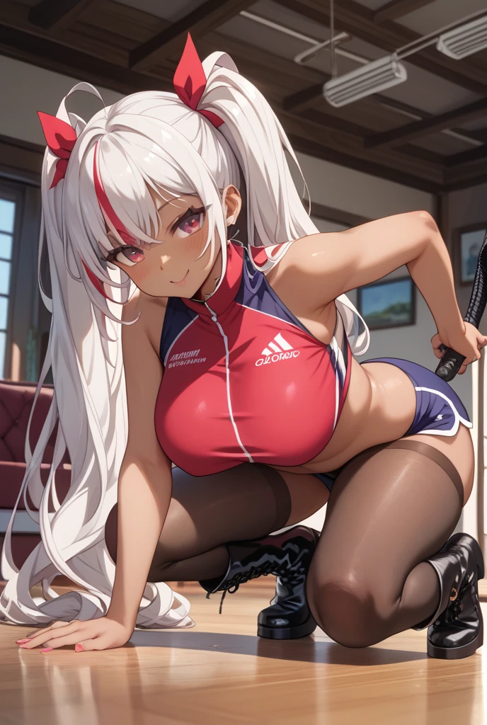korean beautifull girl,18 years old,Pretty Face,Good shape,detailed picture, Seductive expression, blush,White long hair, Wearing nurse uniform,Soaked,Wear black garter stockings,No shoes, Wearing black boxing gloves,Black sleeves on arms, Sit in the boxing ring and stretch one foot forward,Large Breasts,Cleavage,Long legs,Thin waist,nipple,Camel toe