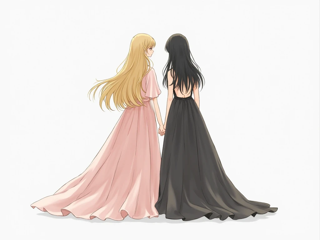 Two adult girls stand in a row against the wall facing the wall, handcuffed behind his back, dressed in long shiny dresses and high heels, anime