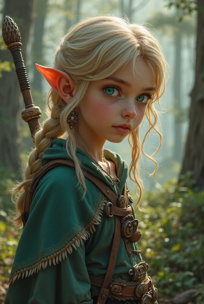 Make the IMAGE MORE REALISTIC fantasy style VERY REALISTIC of a very beautiful ELF of 15 years old, stark, Caucasian skin, short wavy DARK BLOND hair, black eyes in war clothes