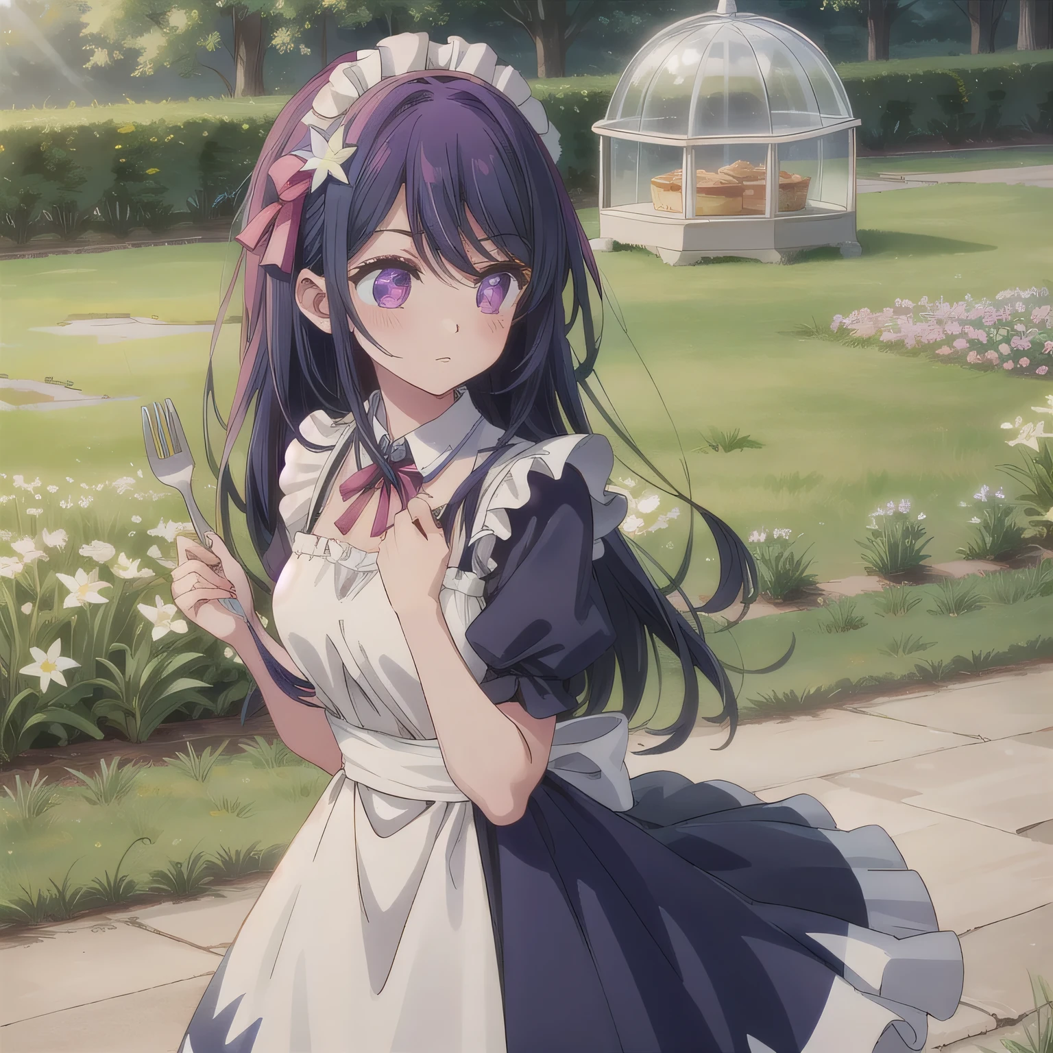 A cute anime-style maid with purple long hair and purple eyes, wearing a fluffy white and lavender maid dress. She has a hair ornament resembling purple flowers. In her right hand, she holds a white plate with omurice. In her left hand, she holds a silver cloche (food dome lid). The background is a green grassy field with blooming spring starflowers (Ipheion, white with a hint of purple). Several white plates and forks are scattered artistically around her on the ground. The scene is bright, dreamy, and magical with soft lighting and a warm, cheerful atmosphere.