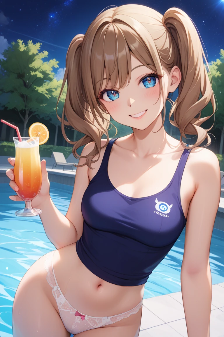 BREAK Perfect Anatomy、(High resolution:1.2)、Incredible illustrations、(Cute illustrations:1.2)、(nsfw) （Beautiful background) 1 girl(Curly short cut, aqua hair)(Holder neck swimsuit, sunglasses)(Soak in the vinyl pool and drink canned beer in the garden(see through))
