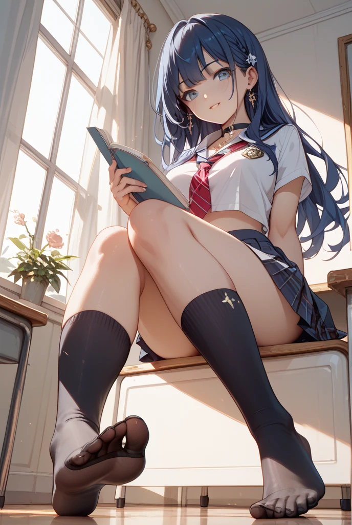(Masterpiece: 1.1025), (Best Quality: 1.1025), (Ultra Detail: 1.1025), (Illustration: 1.1025), (Tousled Hair: 1.1025), (Little Woman, Cute, Dark Blue Long Hair, Both Sides Up: 1.05), (Infographic: 1.1025), (Uniform: 1.05), (All Clothes Composition: 1.1025), White Simple Panties, White simple bra, white simple camisole, socks, loafers, stationery, (solo: 1.1025),