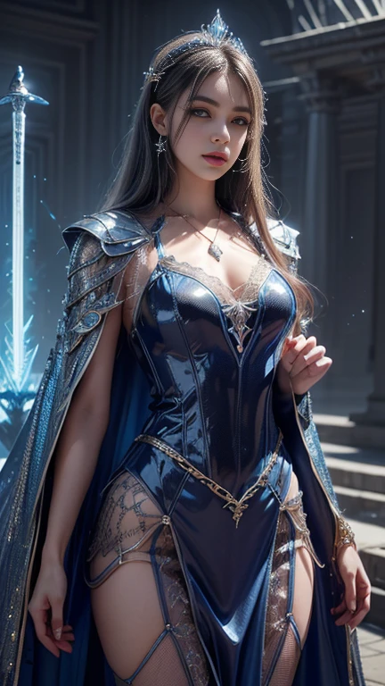 4k, UHD, masterpiece, 1 girl, good face, ((detailed eyes)), very long hair, impressive hairstyle, perfect brasts, fantasy clothing, blue clothing, (bare waist:0.8), night city, building, lamps, depth of field, reflection light, sparkle, chromatic aberration, sitting,