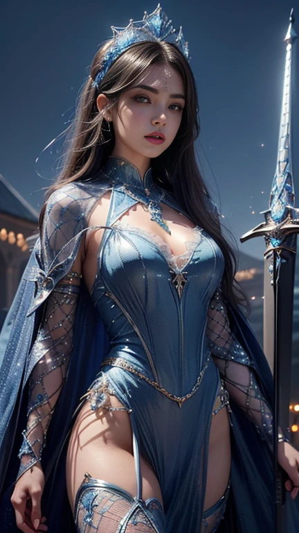 "Official Art, Unity 8k Wallpaper, Masterpiece, Best Quality, Fantasy, Ultra Detail, Full body shot, (Dynamic Angle), (Very Detail), Ultra High Definition, 8k UHD, (light rayer:1.05), Light Particles, Magic Effects swirling around her, Detailed Skin Texture, (illustration:1.05), (detailed light:1.05), (ultra-detailed:1.1), Solo, One Woman, hovering mid-air with a mystic aura. Eyes: deep electric blue that seem to harbor storms within, surrounded by dark eyelashes and soft glowing eyelids. Attire: a delicate balance of steel armor intricately designed, combined with soft silken fabrics that flow with her every move. Crown: made of steel, glistening with a metallic sheen, adorned with intricate patterns. Hair: long, flowing like live electricity. Holding an intricately designed hammer, emerging before a striking bolt of lightning, realistic light setting, (realistic), ((closed eyes))."