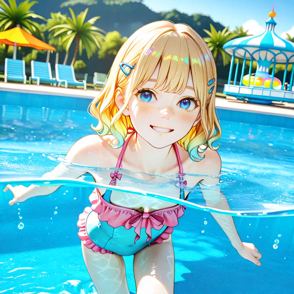 Highest quality、High resolution、Detailed Background、(Beautiful face in every detail:1.4)、Anatomically correct、(Detailed facial expressions)、(Fine grain:1.2)、8-year-old beauty、cuteカラーの髪色、Braided Ponytail、Braided bob cut、Braided twin tails、Navy School Swimsuit、(Flat Chest)、Perfect body line、Thick thighs、Please show me your whole body、
(Five beautiful girls in school swimsuits having fun in the school pool:1.5)、
Big smile、Laughing with your mouth open、My whole body is wet、Hair is also wet、Fun atmosphere、Embrace each other、cute仕草、cute