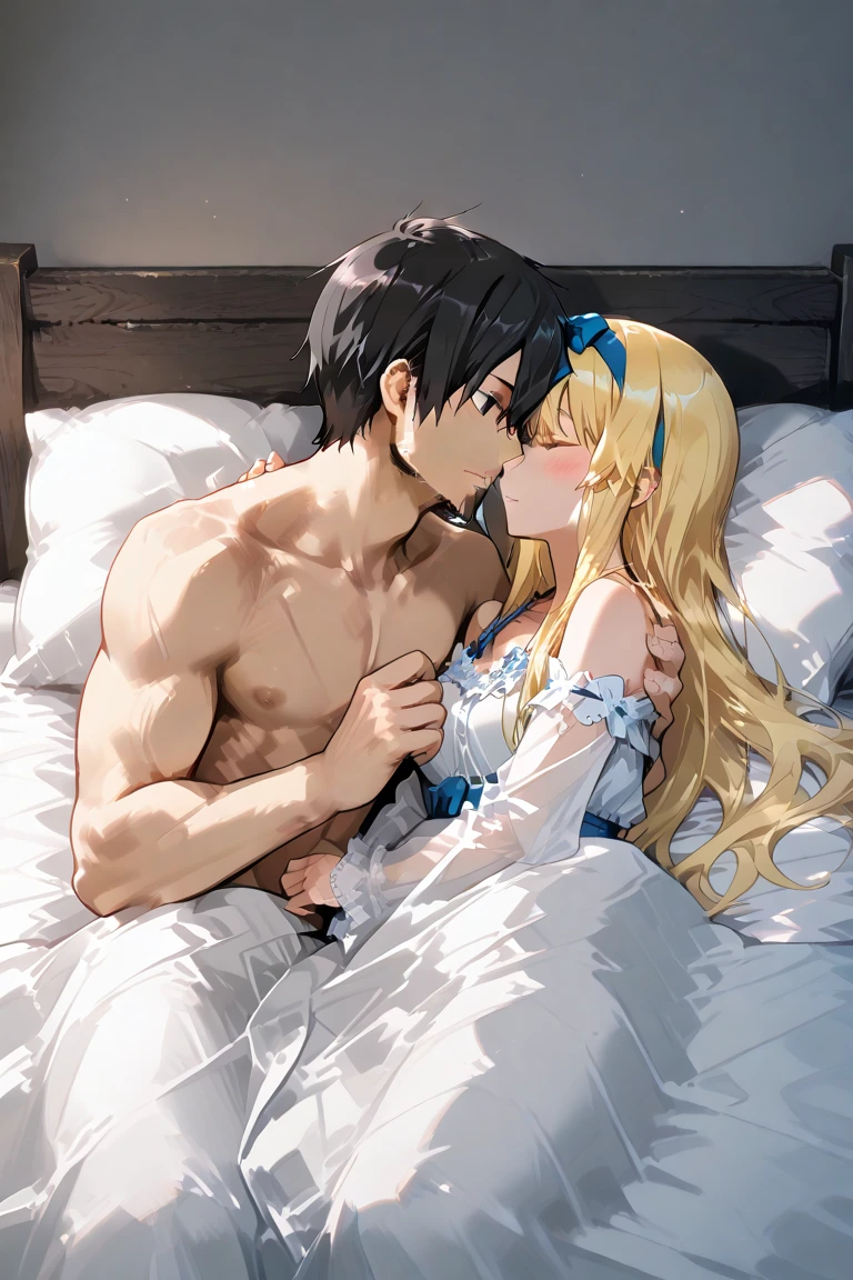 ((highest quality)), ((masterpiece)), (detailed), Perfect Face、（Yuuki Asuna）、(The woman has bright blonde hair)、((The woman hugs the man in her wedding dress and has sex with him on the bed in the bedroom.))、((The man embraces the woman, they make love deeply and have sex, and the man&#39;s penis ejaculates a large amount inside the woman&#39;s pussy.))、((The woman is wearing a gorgeous white wedding dress and a wedding veil.))、Men and women with gorgeous engagement rings、((The woman is wearing heavy makeup, including bright red lipstick and dark eyeshadow.))、The man gently strokes the woman&#39;s head with one hand.、The man is dressed luxuriously、((The man has a strong body and a big dick and balls))、(Woman looks happy）、(((The man is not wearing lipstick or makeup.)))、The man looks satisfied、On the bed in the bedroom