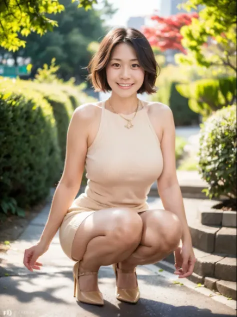 A photo of smiling [ <'EM_1'> | <'EM_2'> | <'EM_3'> ] wearing a white knit tube dress sits on bench on a street, medium-short dark brown hair, double eyelid, off shoulder, single-lens reflex, from above