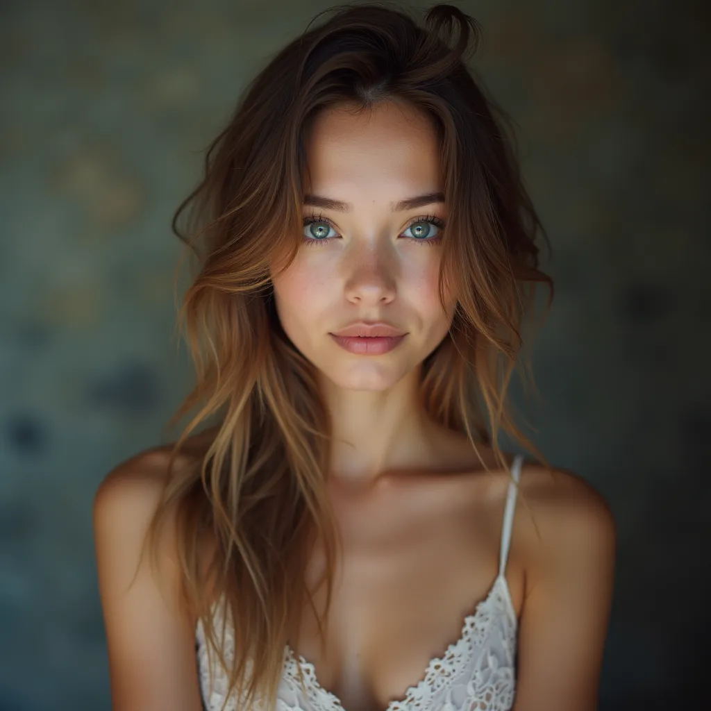 (One Woman)、Big eyes、drooping eyes、cute、Sexy、"Full body portrait of an attractive 17 year old girl with straight brown hair, Beautiful Face, Captivating dark blue eyes, Large bust size, Showing the beauty of nature."Sexy
