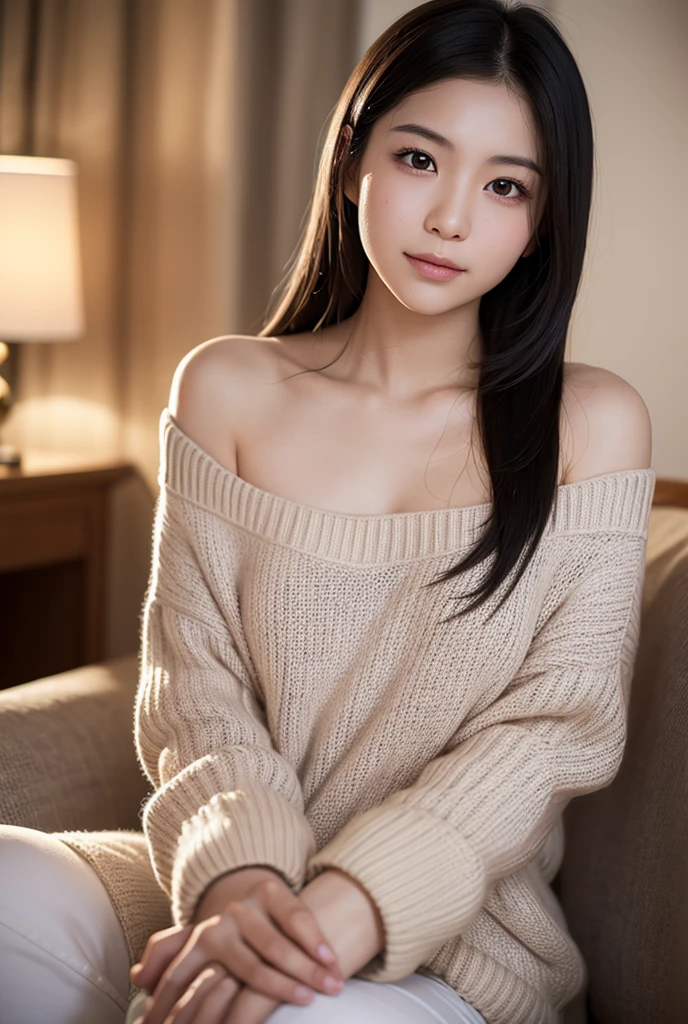 A Japanese woman in her 20s with long black hair wearing an off-the-shoulder dress,Sexy,Highest quality