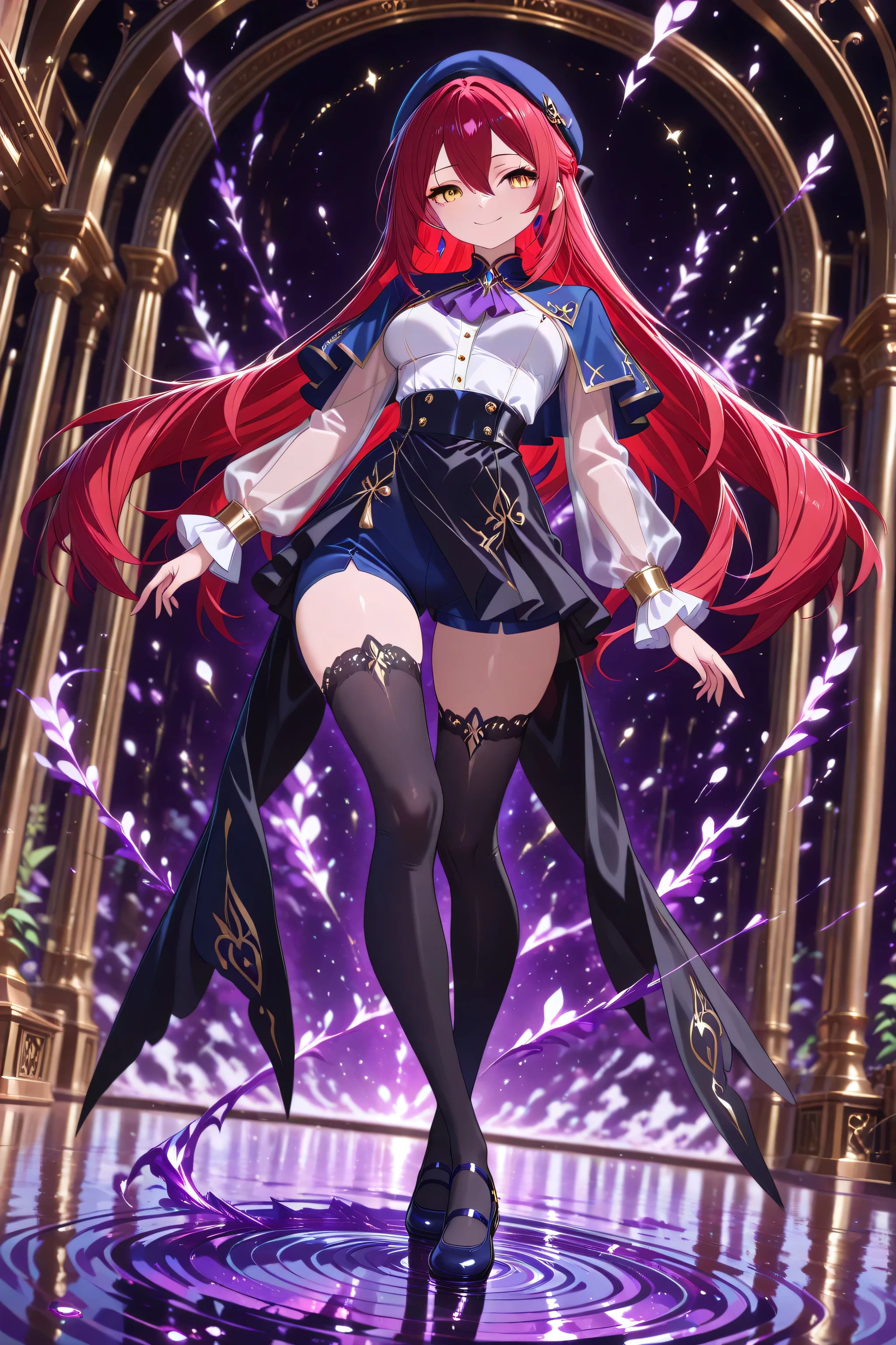 absurd_res, 8K, (masterpiece: 1.2), (best quality: 1.2), (detailed eyes, beautiful eyes:1.2), cinematic angle, cinematic shadows
1 girl , golden eyes , very long hair , long sidelocks, red hair ,half updo, petite , very cute , beautiful ,Straight hair, cool, handsome, hair between eyes, sexy, medium breasts ,flowing hair, captured mid-motion as she stands on one foot in an elegant ballet pose. Her landing foot lightly touches a surreal, purple water surface, creating purple swirl radiating outward. The purple swirl originates from where her foot touches the water, spiraling upward and around her body in a dynamic, flowing motion, blending into the background. The scene is lit with soft, ethereal lighting, purple and black, emphasizing her peaceful smile juxtaposed with a grotesque atmosphere. The mystical yet unsettling tone enhances the overall composition, dark atmosphere
mortis outfit, blue beret, earrings, frills, capelet, gem, ascot, see-through sleeves, long sleeves, black skirt, blue shorts, black thighhighs, frilled socks, blue mary janes, sometyome_illu, abstract,