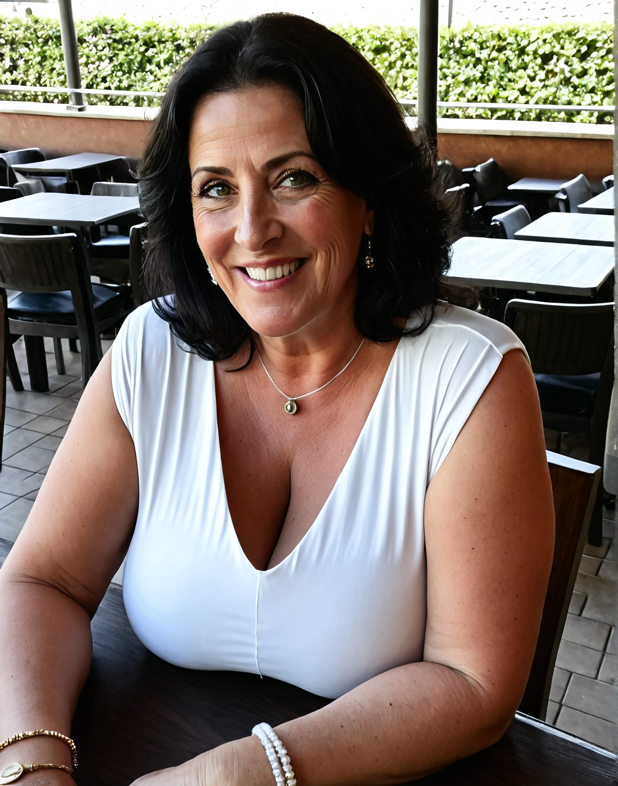1girl, photorealistic, realistic, Latina woman, Old woman, thick lips, mature, 65 years old, Latina, straight short hair, brunette, brown skin, Latina nose, Latina eyes, Latina body, cleavage, ((background: inside the mansion dining hall)), nude and naked, ((sensual shot)), smiling, standing