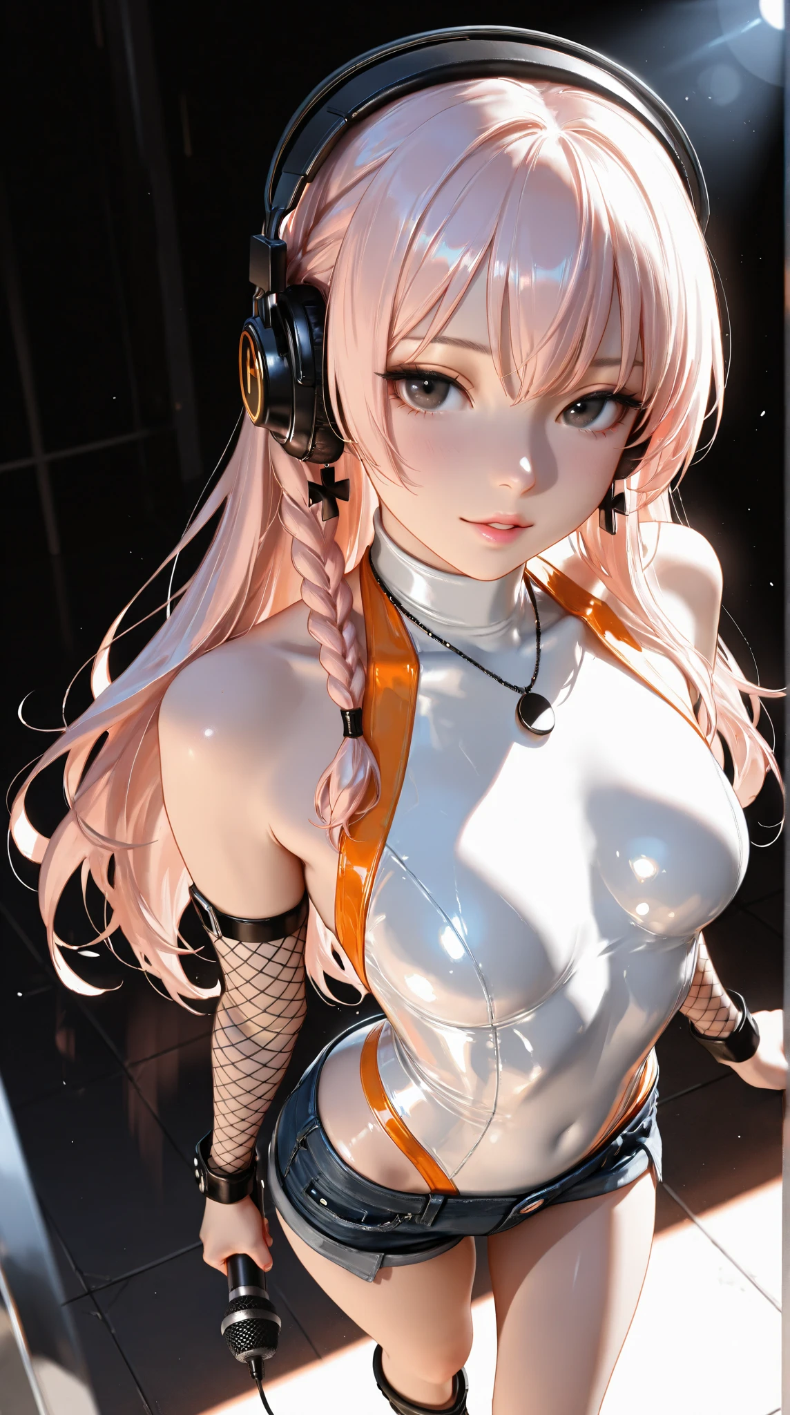 masterpiece, top-quality, The ultra -The high-definition, Top resolution, ighly detailed, pretty skin, animesque, headphones、Controller in hand, full bodyesbian,Look at viewers、Standing、nudde, Colossal tits, Very large breasts, Valley、Large valleys、Young Face, 20 years girl, semi long hair, Pink hair,Large valleys、seminude、Wet clothes、a wet body、Thin-skinned clothing、clothes with visible chest tips、perspiring、Breast protruding from clothes、Clothes that show through the tummy、Under the breasts、embarrassed from、red blush、Show off、cleavage of the breast、crotch shows through、Areola showing through、The pubic area is open、is open、Pubic area visible、Vaginal launch、Minora、insertion、monitors、Cyber City、nightcity