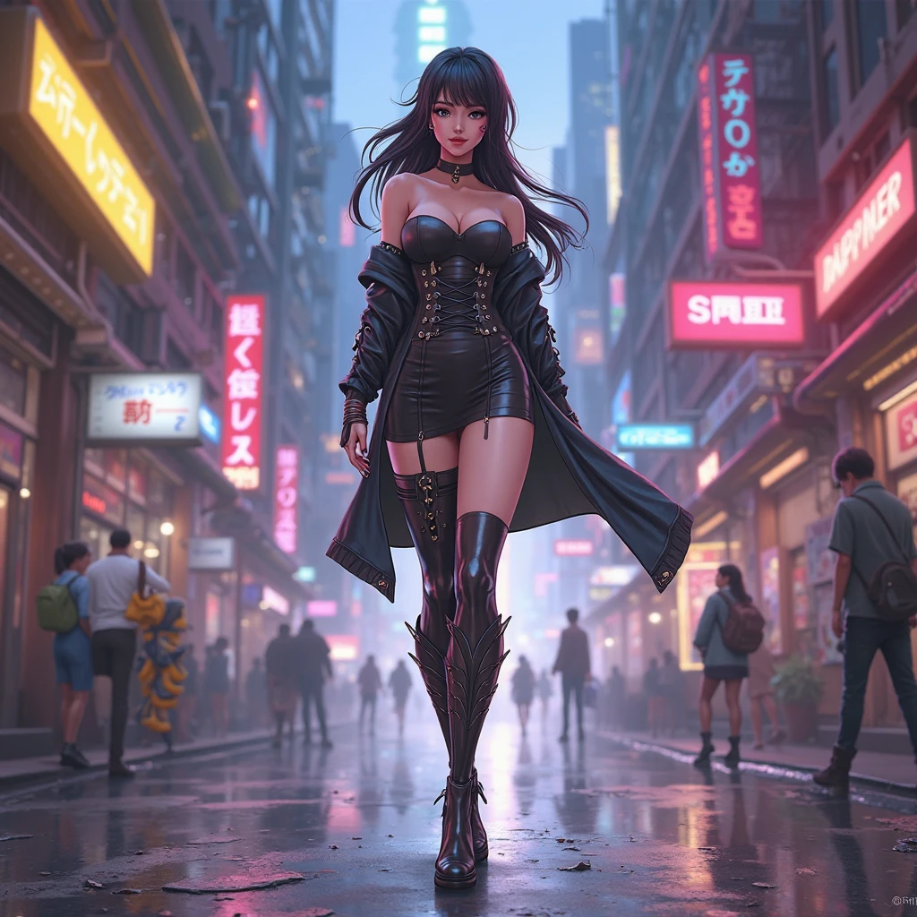 masterpiece, 8K, UHD, photo-realistic:1.4), (sultry nightlife:1.2), mysterious woman with large breast, (long, flowing ebony hair:1.3), (deep emerald eyes:1.2), red silk dress, stiletto heels, urban setting, cityscape, towering skyscrapers, (vibrant neon lights:1.3), reflections on wet pavement, enigmatic atmosphere, cool breeze, cobblestone streets, hidden alleyways, saxophone serenade, bustling street vendors, smoky haze, misty rain, gleaming storefronts, cinematic composition, dynamic angles