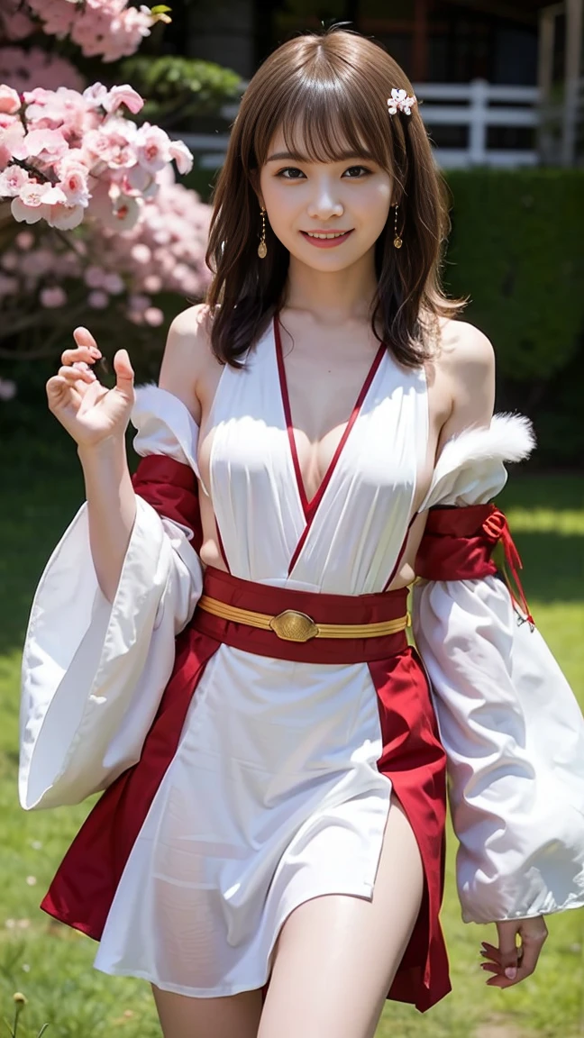 (8k、RAW Photos、highest quality、masterpiece:1.2)、(Realistic、Realistic)、1 girl、((Red and white、Short shrine maiden costume、Off the shoulder、Long-sleeved kimono、Leg visible、Shorts、Sandals、garden、Ribbon belt、Semi-long hair、Standing with hands on hips))、Lots of eyelashes、Glowing eyelids、skeletally correct