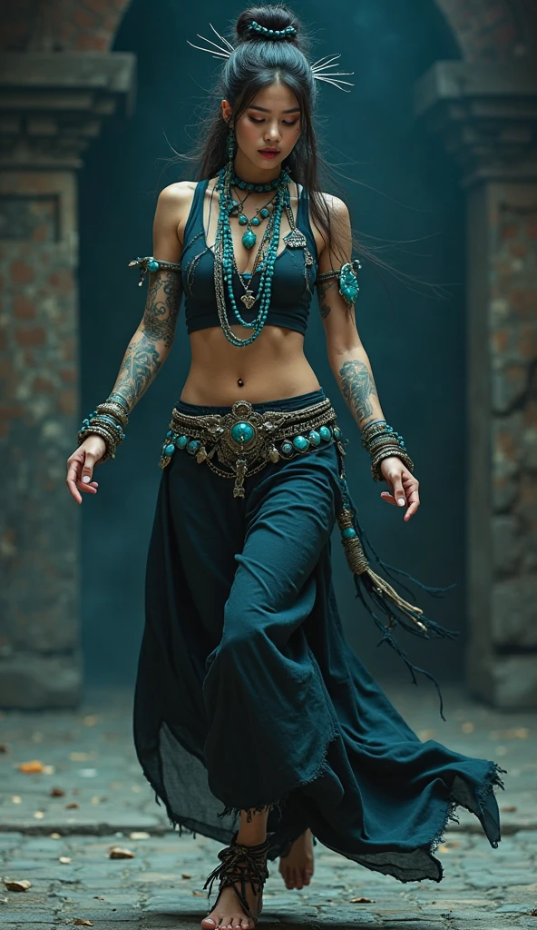 Woman with orange tone raw hair and a tattoo, ,wearing gray blaser, skirt, photorealistic costume style,dark orange and light yellow, realistic marine paintings, uhd image, spirals, aurorapunk