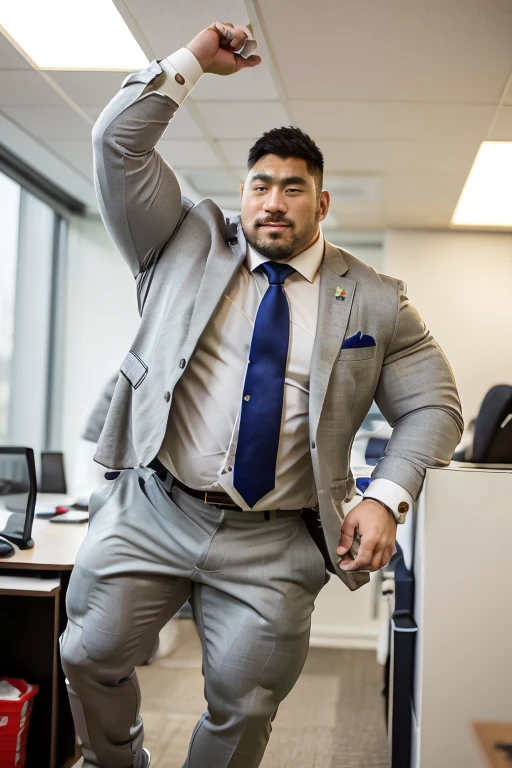 big, Fat Japanese man in a suit、whole body、office、Thick legs、Thick arm muscles、Intimidating、short hair、Kind Face、Long sleeve black jacket、Black trousers、Tight arm circumference、Long trousers、Tight suspension、Blue tie、tight white shirt、Groin bulge、Shirt tucked into pants、A very good rugby player、Intimidating、Having sex、Shiny black trousers、40 years old、tall