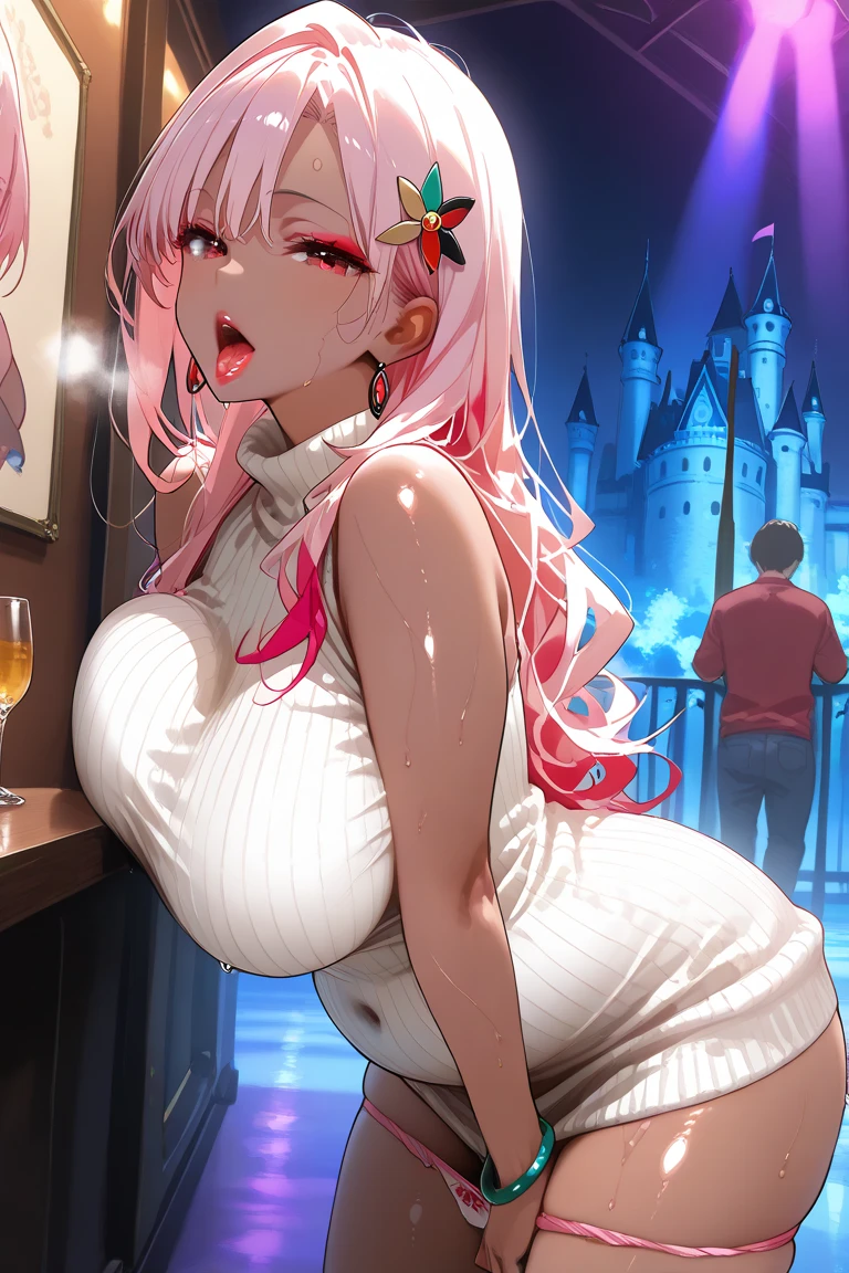 NSFW,(Very delicate,highest quality、8k),(1 man and 1 milf are having sex),Pitch-dark room,presenting,lure,smile,blush,Pink Gold Haired Maid,Speech bubble