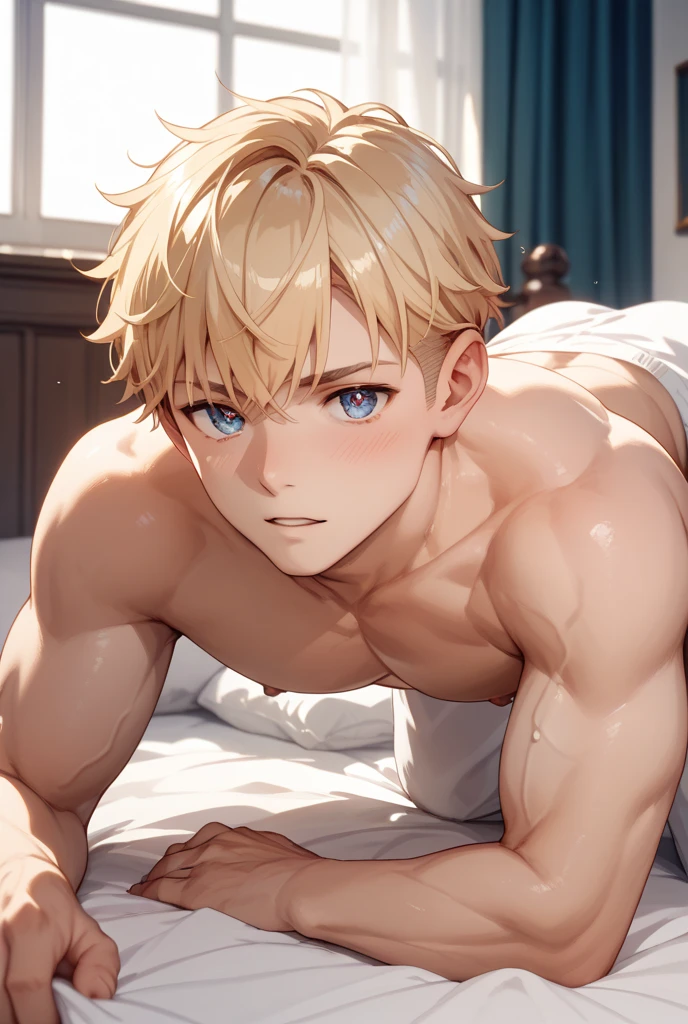 best quality, masterpiece, extremely detailed, manhwa art style, yaoi, 2boys, muscular korean man with cute square face, medium curtain bangs, lying face down ass up, big round butt, shy and embarrassed expression, another man stands in front of him taking photos with his phone, sexy, gay homoerotic, dark cinematic lighting, extremely dramatic shadows, romantic atmosphere, perfection, front view, no watermark, no logo, no signature
