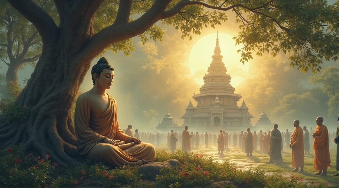Giant Buddha statue in the distance, pedra, textura, alto, majestoso, imagem invertida, The background is illuminated by sunlight, towering trees, Peregrinos caminhando na estrada. The composition is beautiful, Com obras-primas, Detalhes, and high definition