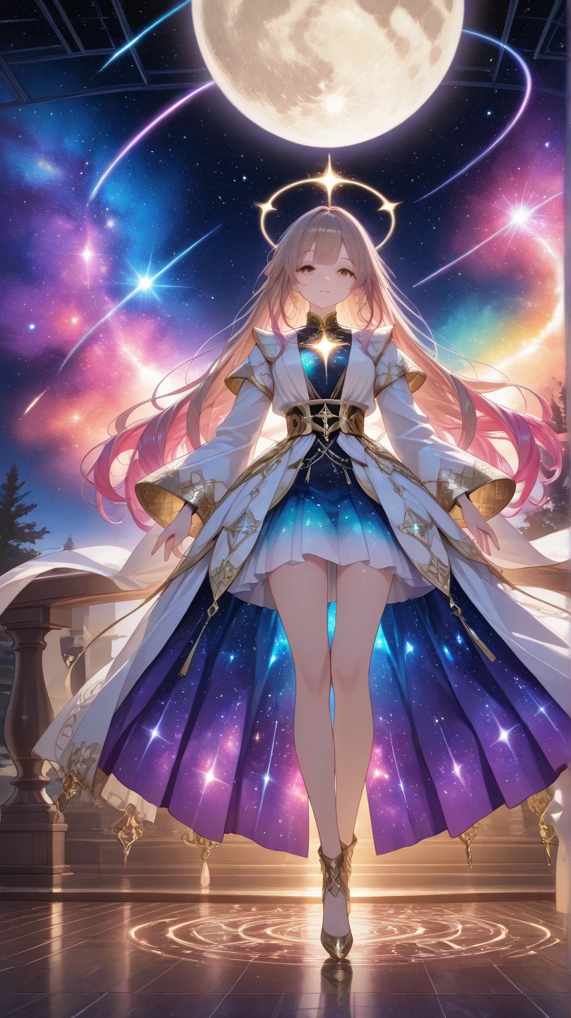 ((magical girl)), ((gorgeous starry sky background)), ((ultra-detailed)), ((cinematic lighting)), dynamic angle, (huge breast:1.2),floating, finely detailed, (glitter:1.2), (sparkle:1.2), (shine:1.2), classic, (painting:1.1), (sketch:1.1), (best quality), (masterpiece:1.2), (solo), beautiful detailed face, colorful hair, (long hair:1.2), (floating hair:1.2), (magical girl outfit), detailed outfit, (magical effects:1.3), (flowing skirt:1.2), (cute boots:1.1), (transparent fabric:1.1), (twinkle:1.2), (glow:1.2), (radiance:1.2), (flicker:1.2), (dazzle:1.2)