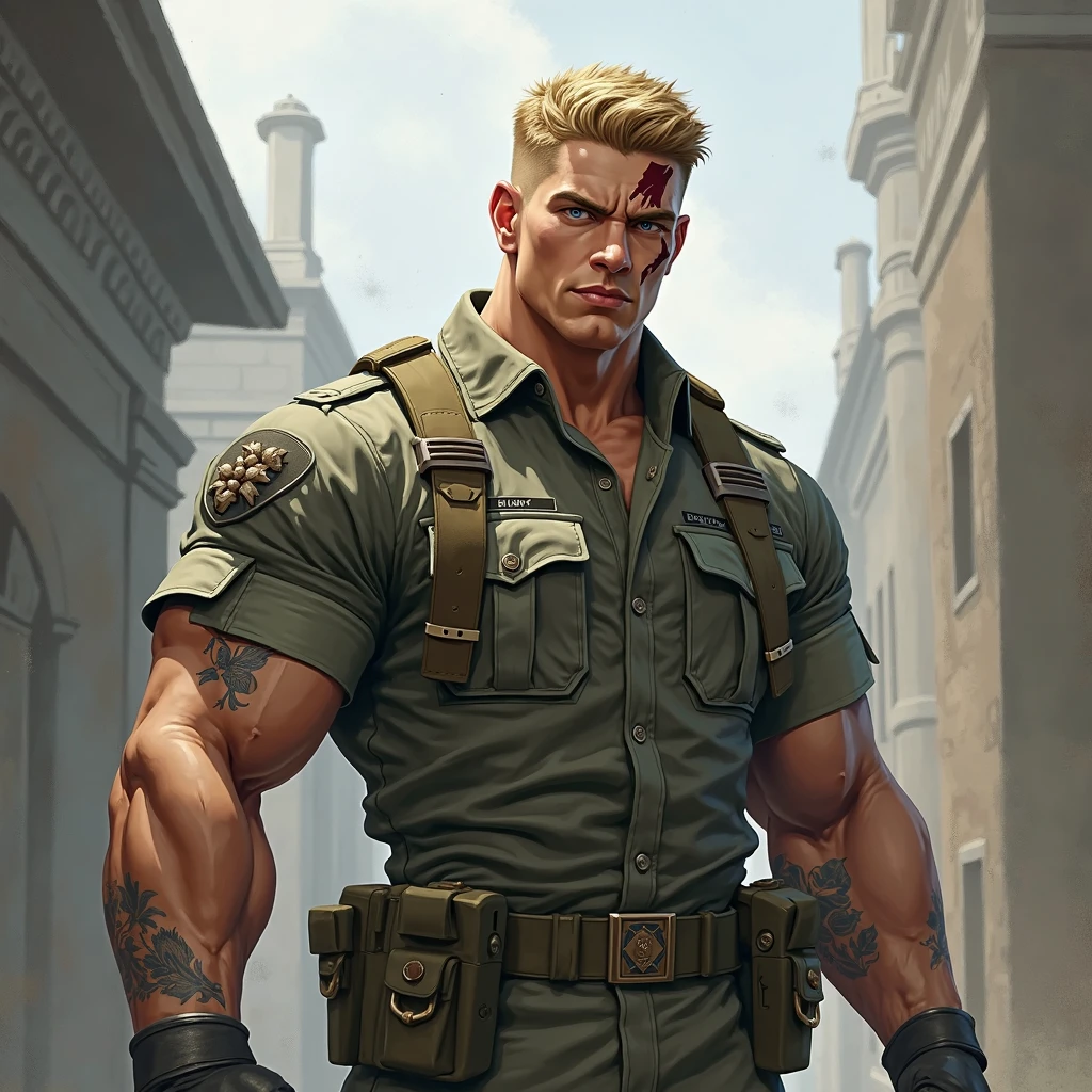 Character code name KRAIZON, American soldier, character sheet (Multiple views: Whole Body Upper Body Reference Sheet: 1), Full body sketch with a smiling expression, High-angle sketch with a serious expression, Latent, Realistic Super Soldier, looking at the camera, a white man with blonde Guile-style hair from the game Street Fighter, Background of an ongoing war scene, Soldiers running with machine guns in their hands, explosions in the sky, just the character's face in the left corner of the screen, Perfect realistic graphic novel design, Realistic digital illustration, Platoon style film, Vivid contrast, Background soldiers and explosions, perfect anatomy, centered, dynamic, highly detailed, Movie poster, zbrush, Sharp focus, Realistic illustration in David Finch style, Drawing by Alphonse Mucha, by Peter Mohrbacher, by wlop, 2000s.